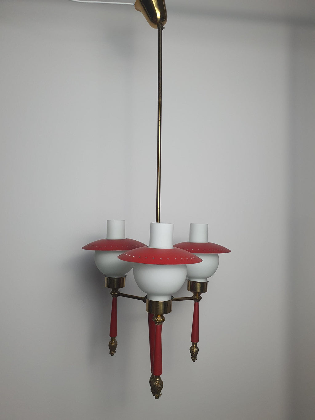 1950s Italian chandelier — patina on brass and red metal, vintage condition