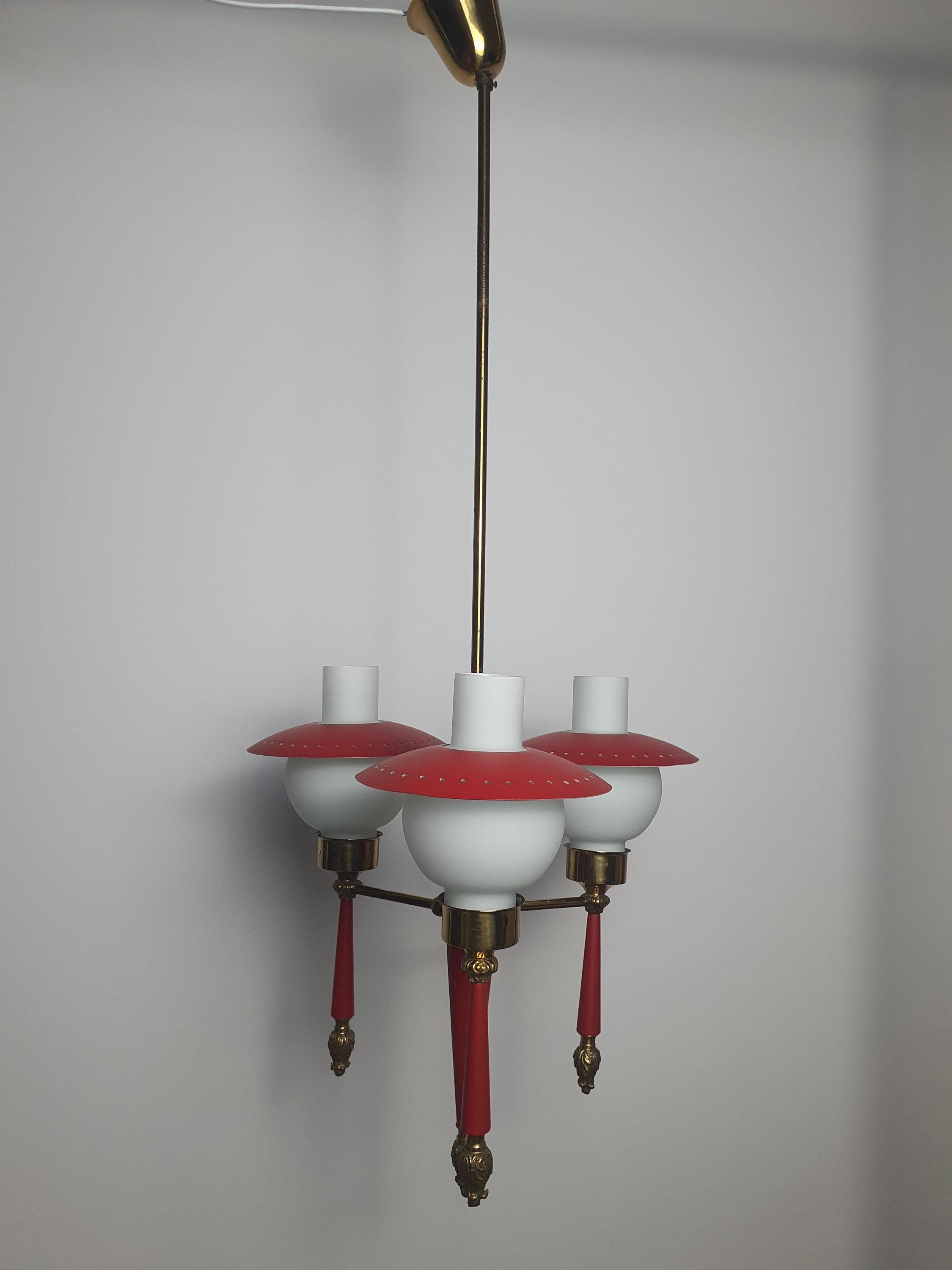 1950s Italian chandelier — patina on brass and red metal, vintage condition