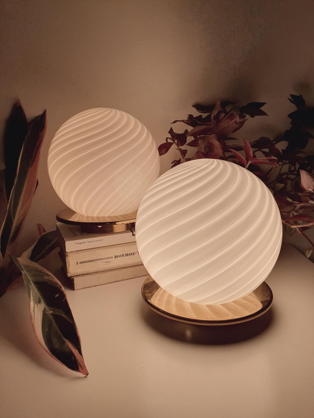 Murano Glass Table Lamps: White Swirl Globe, Brass Base, Mid-Century Modern