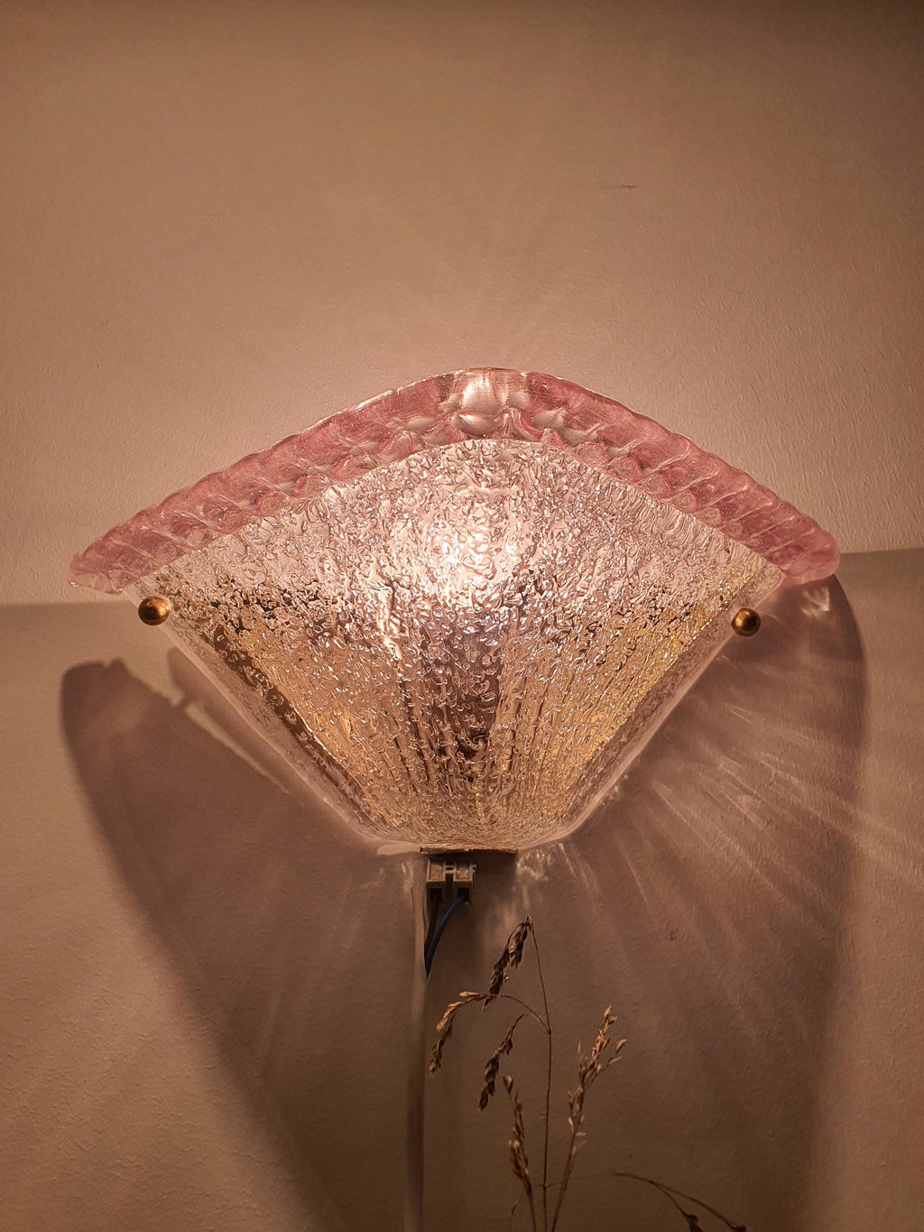 Vintage Murano Glass Sconces: Pink Transparent Triangle Art Deco Wall Lamps