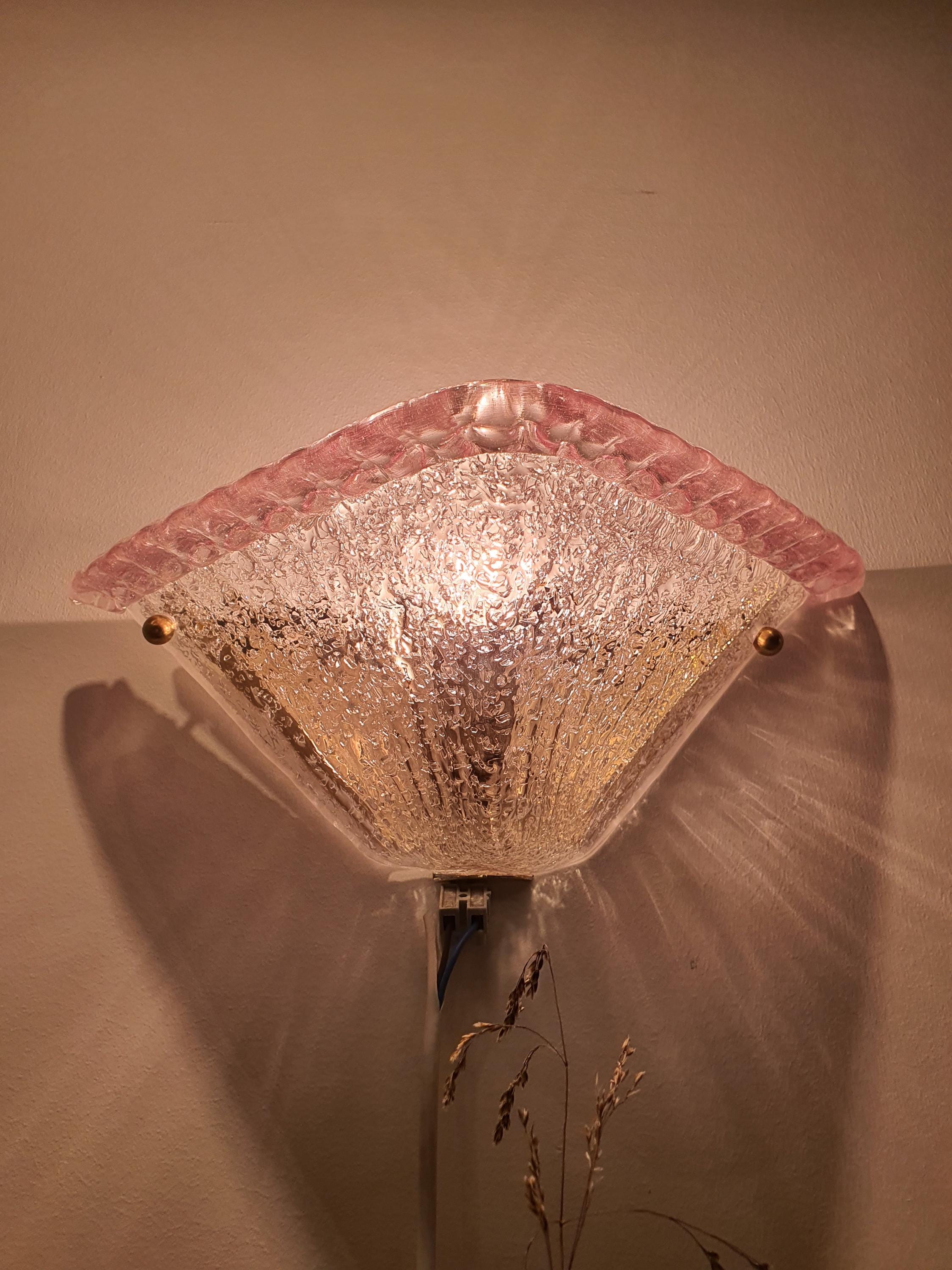 Vintage Murano Glass Sconces: Pink Transparent Triangle Art Deco Wall Lamps
