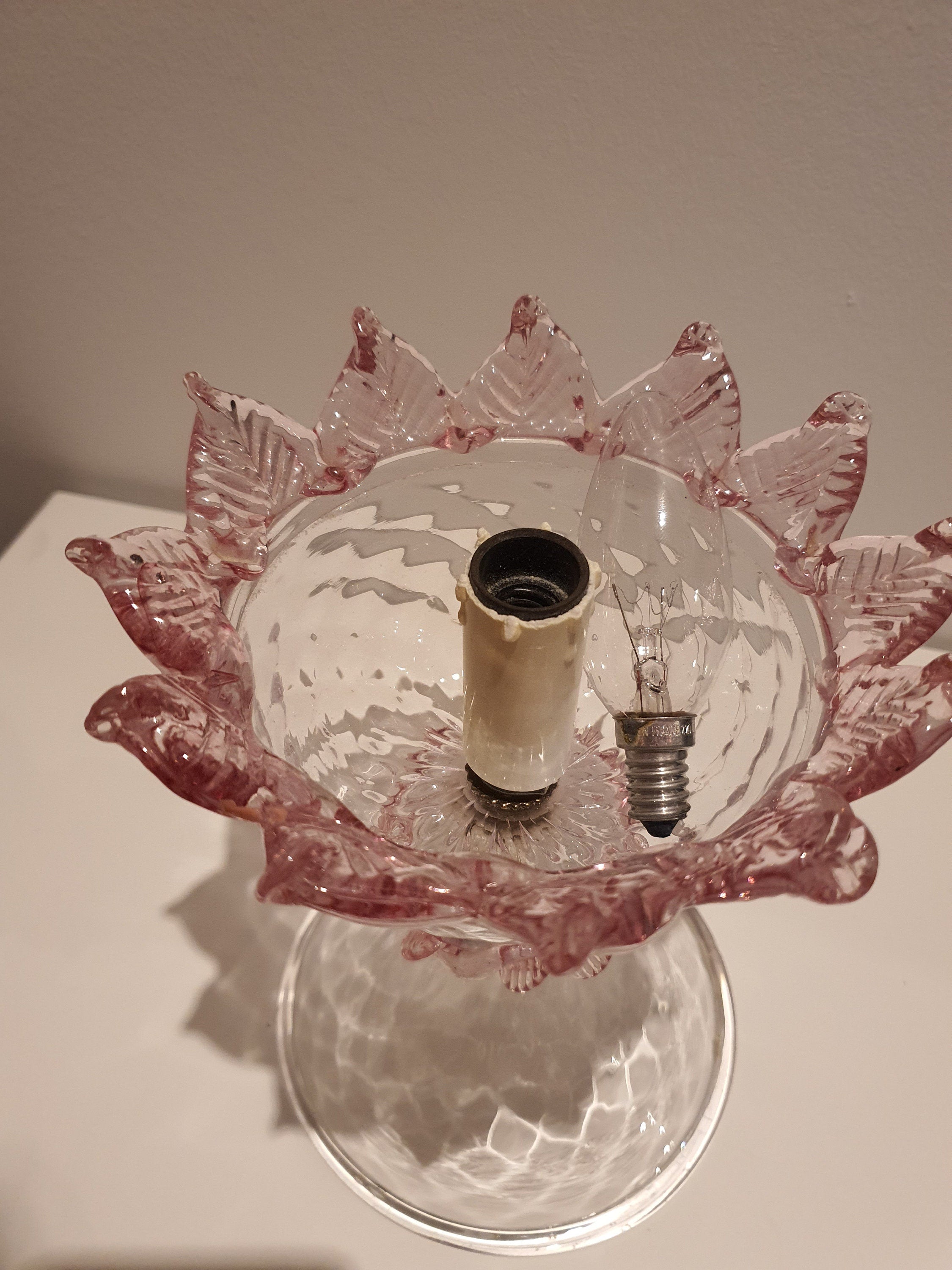 Vintage Murano Glass Tulip Table Lamp: Pink Floral Bedside Light