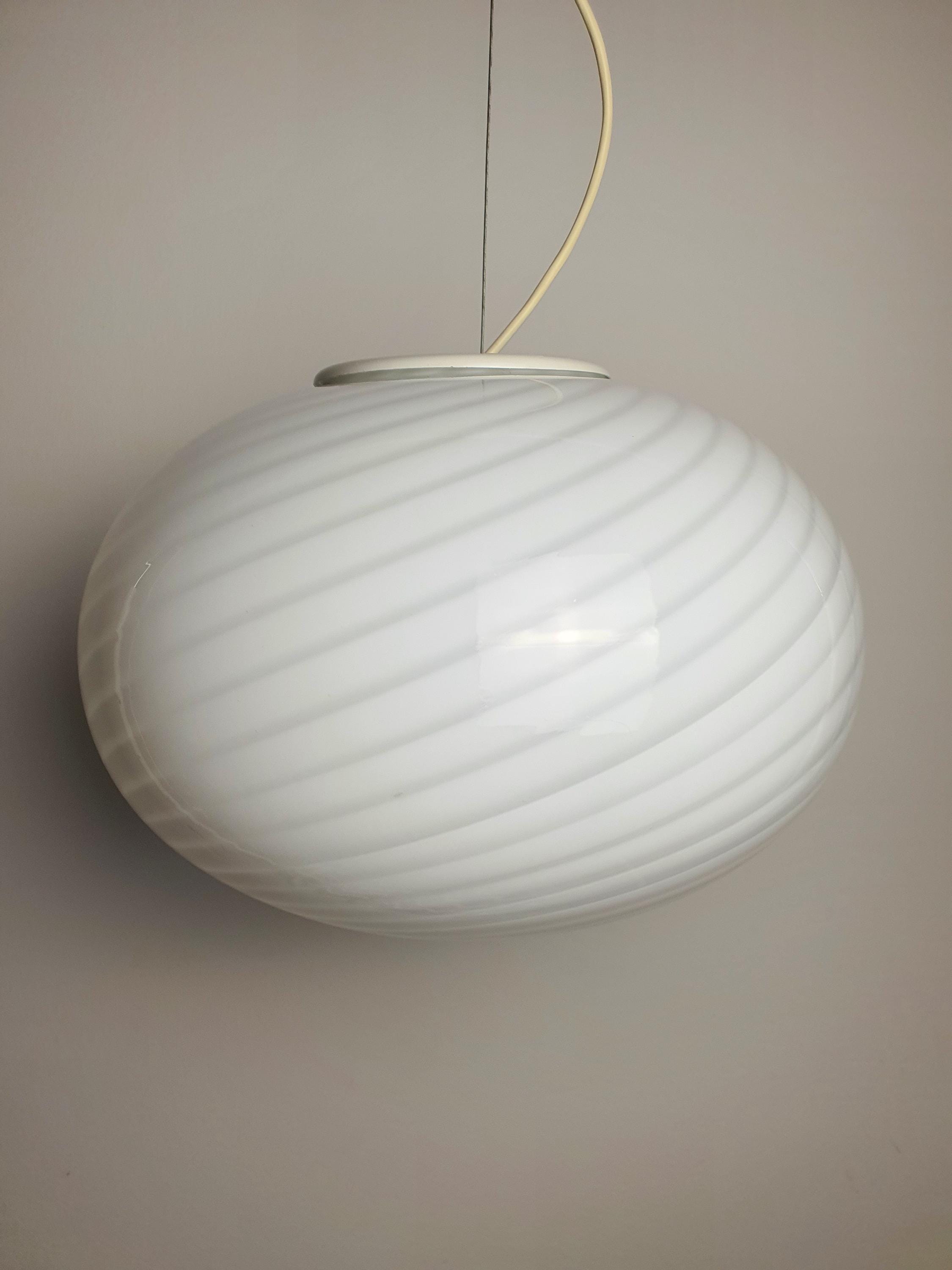 White Swirl Murano Glass Pendant Light: Vintage Italian MCM Chandelier