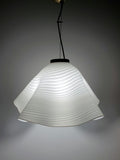 Vintage-Muranoglas Fazzoletto Pendelleuchte — weißer Wirbeled Glas und goldene Basis, front view