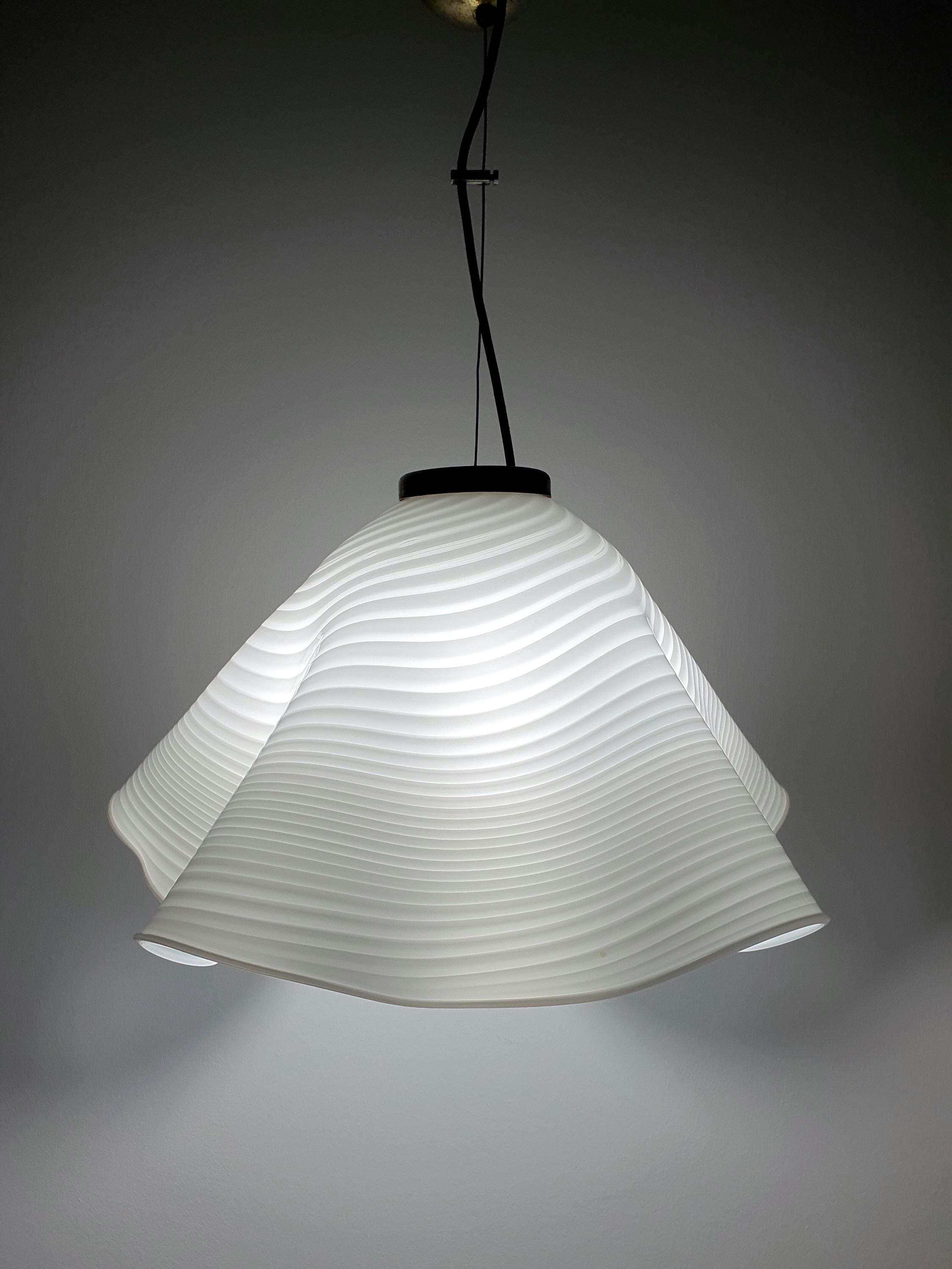 Vintage Murano glass fazzoletto pendant light — white swirled glass and gold base, front view