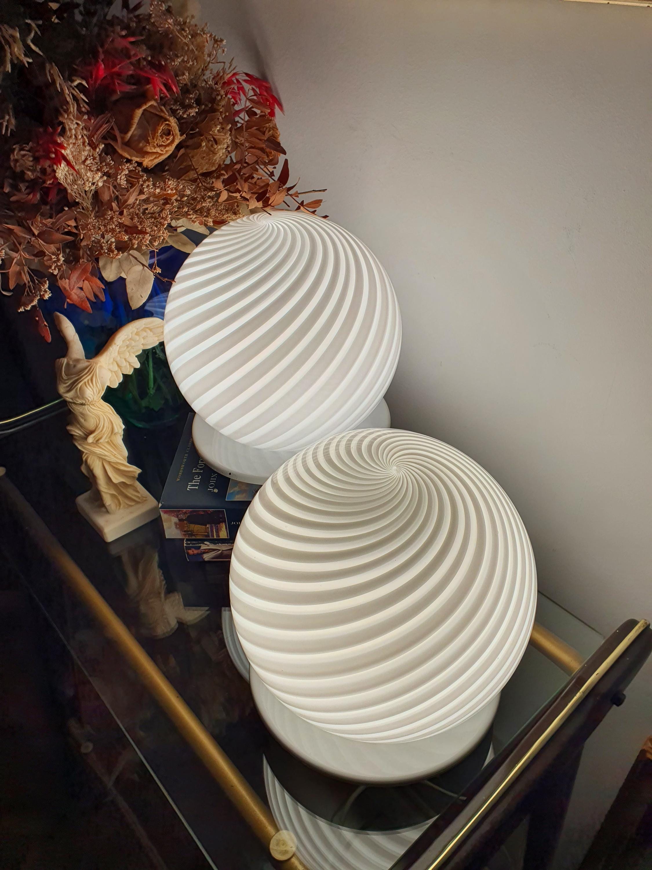 Murano Glass Table Lamps: White Swirl Globe, Mid-Century Modern, Italian Vintage Pair