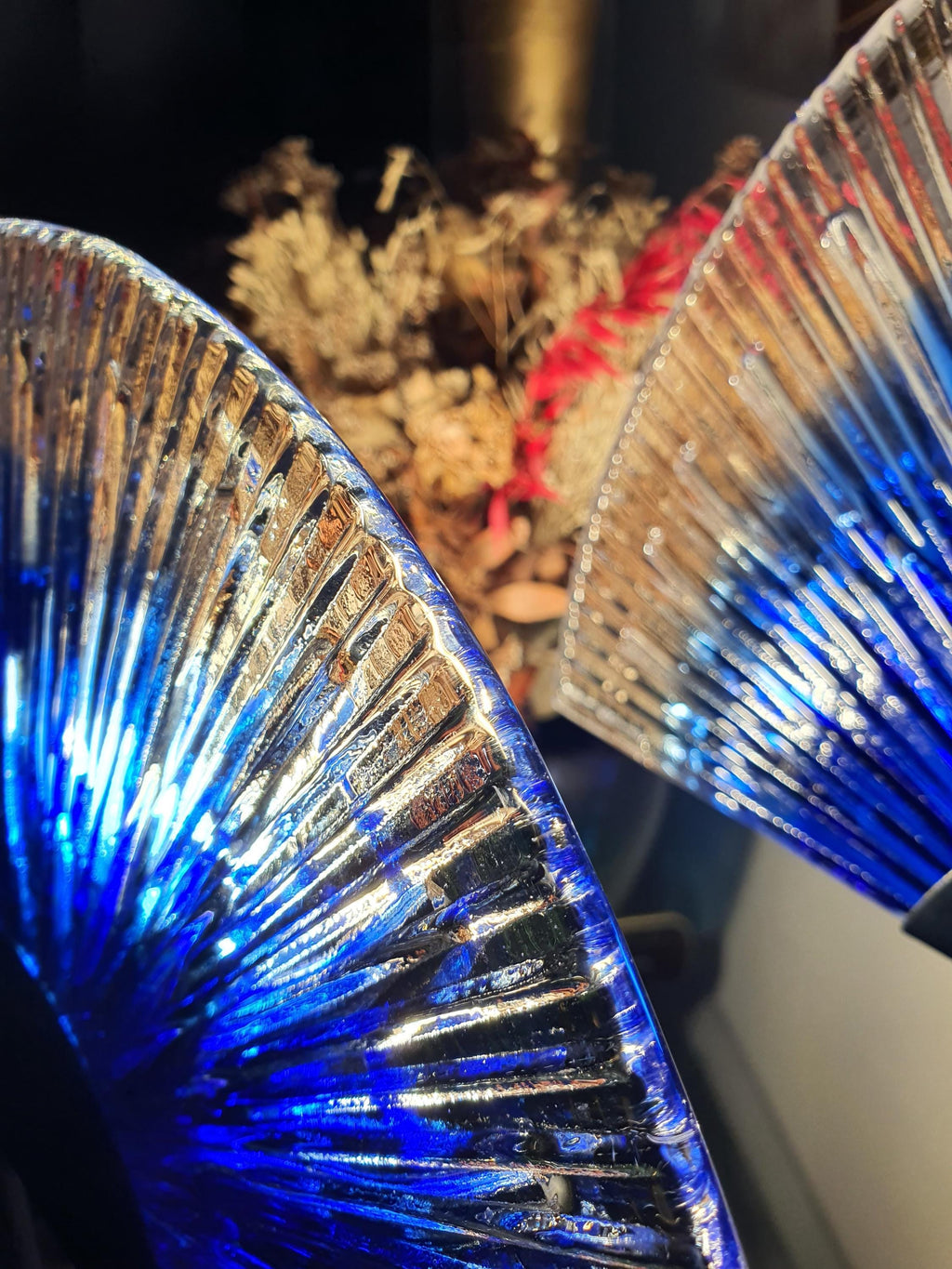 Pair of Vintage Murano Glass Table Lamps | Fan Screen Shades | Blue to Clear Gradient | Black & Silver Bases