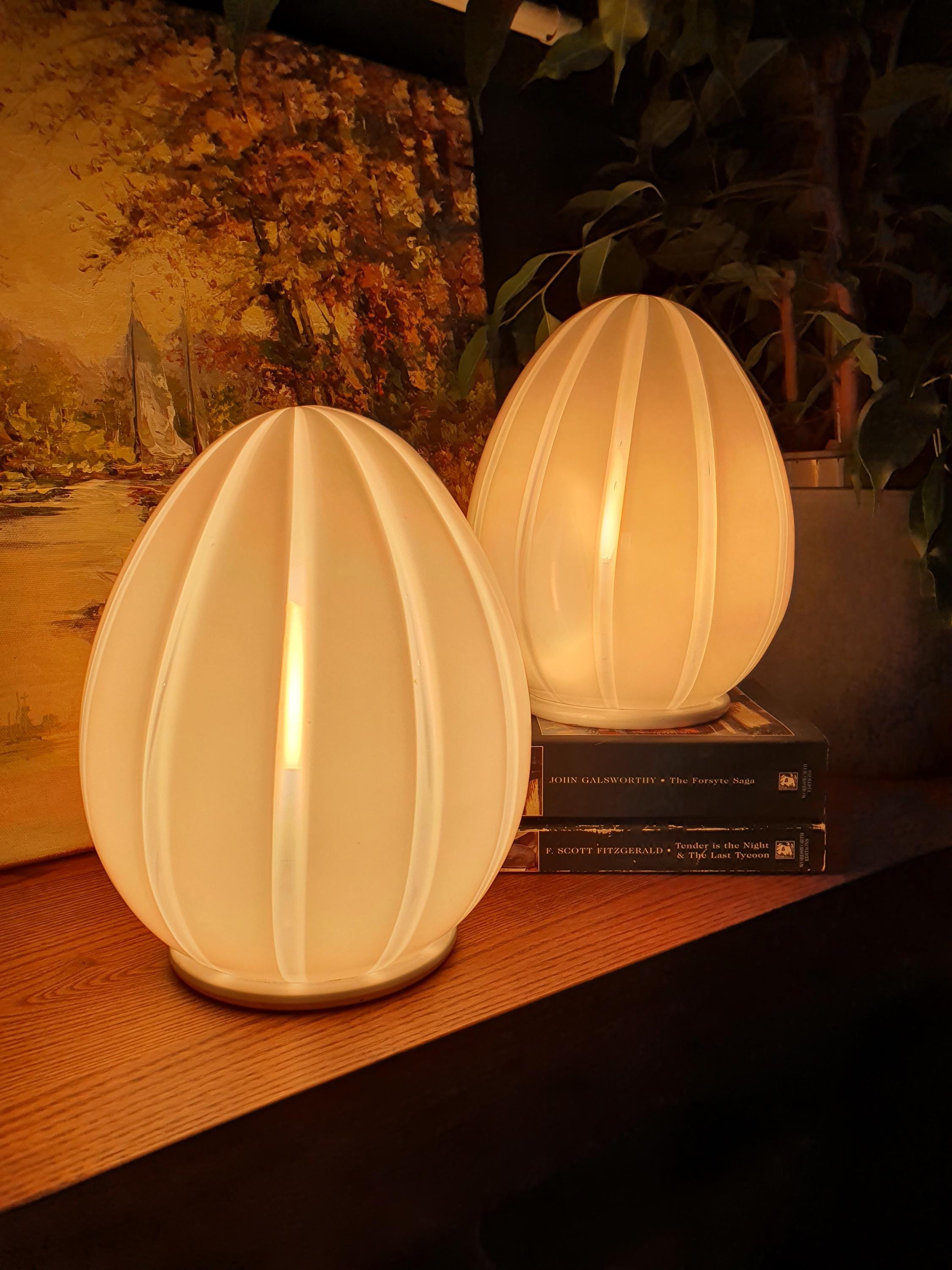 Murano Glass Bedside Lamps: Striped Egg Shape, Mid-Century Modern