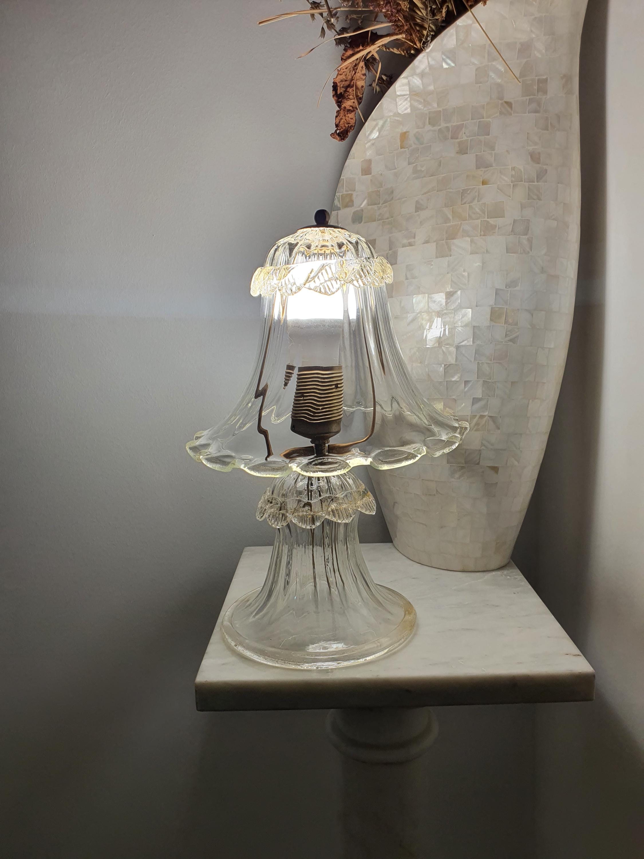 Floral Table Lamp in Vintage Murano Glass | Hand-blown Italian Tulip Light with Gold Powder