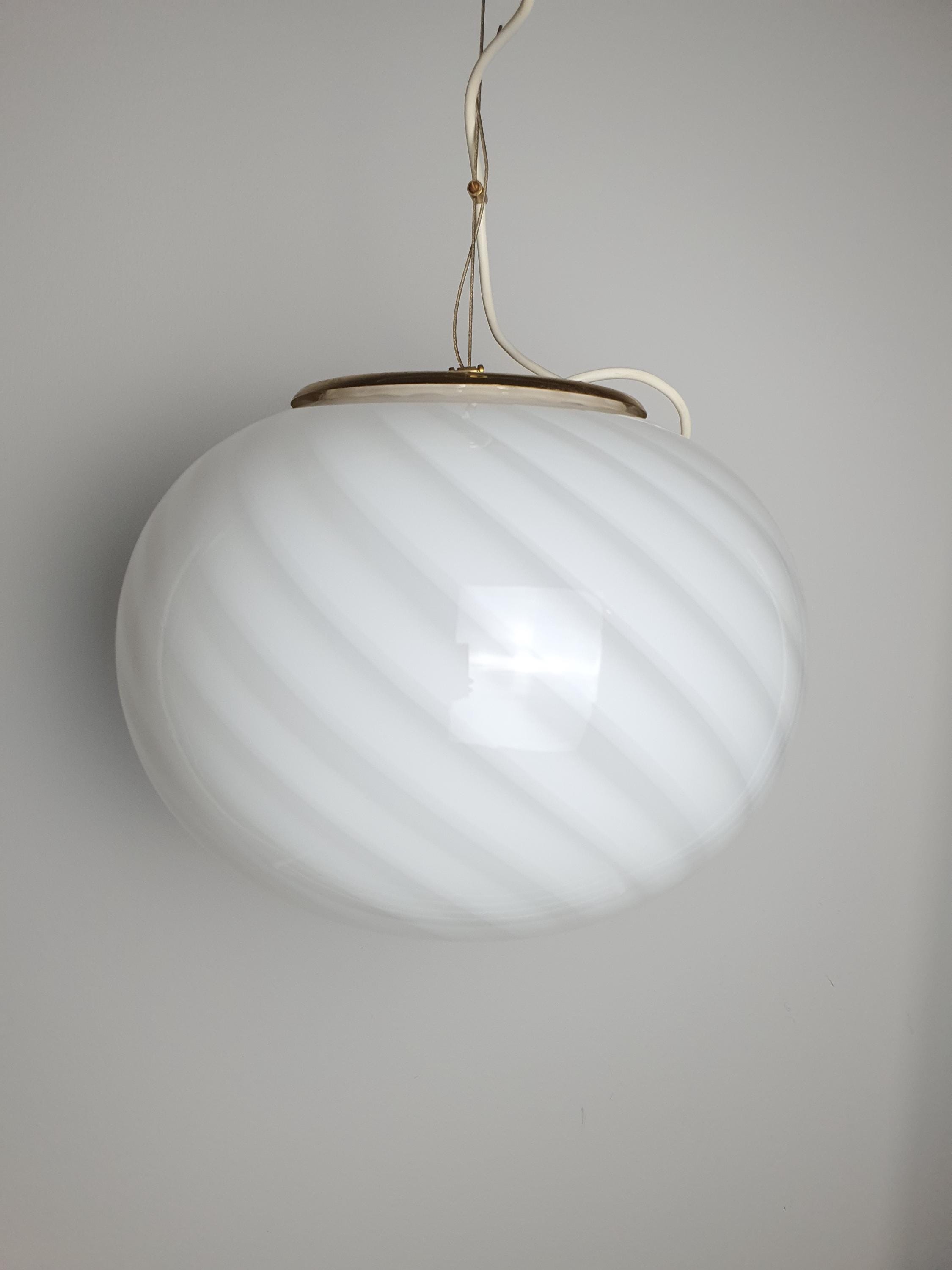 Murano Glass Pendant Light: White Swirl Globe, Vintage MCM Chandelier