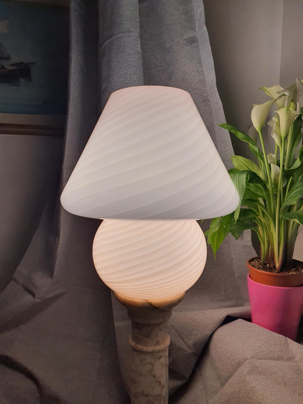 Large Murano Glass Mushroom Lamp Pink Swirl Vintage Bedside Light