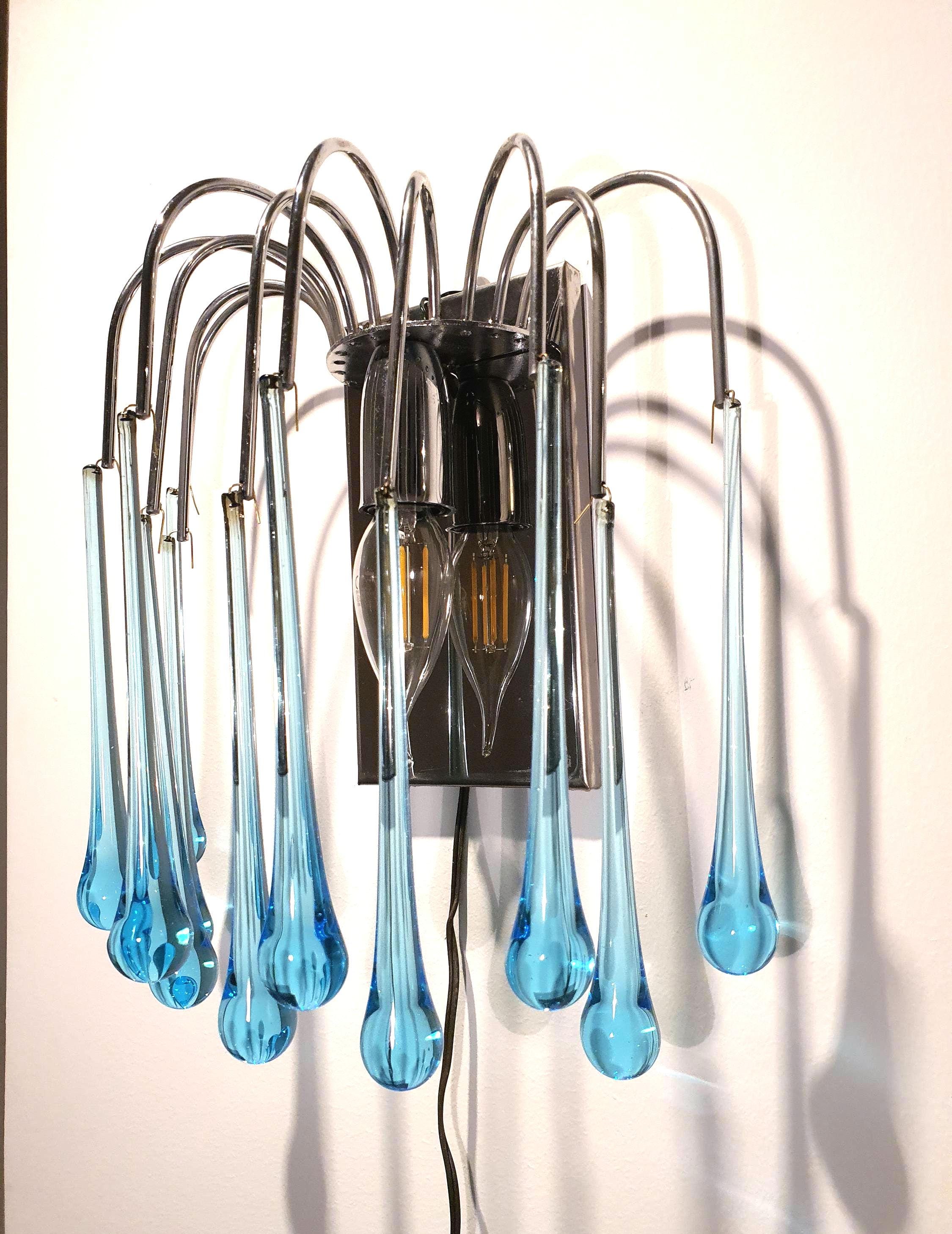 复古 Murano 玻璃蓝色水滴壁灯 – 意大利手工吊灯 – Vintage Glass Gems