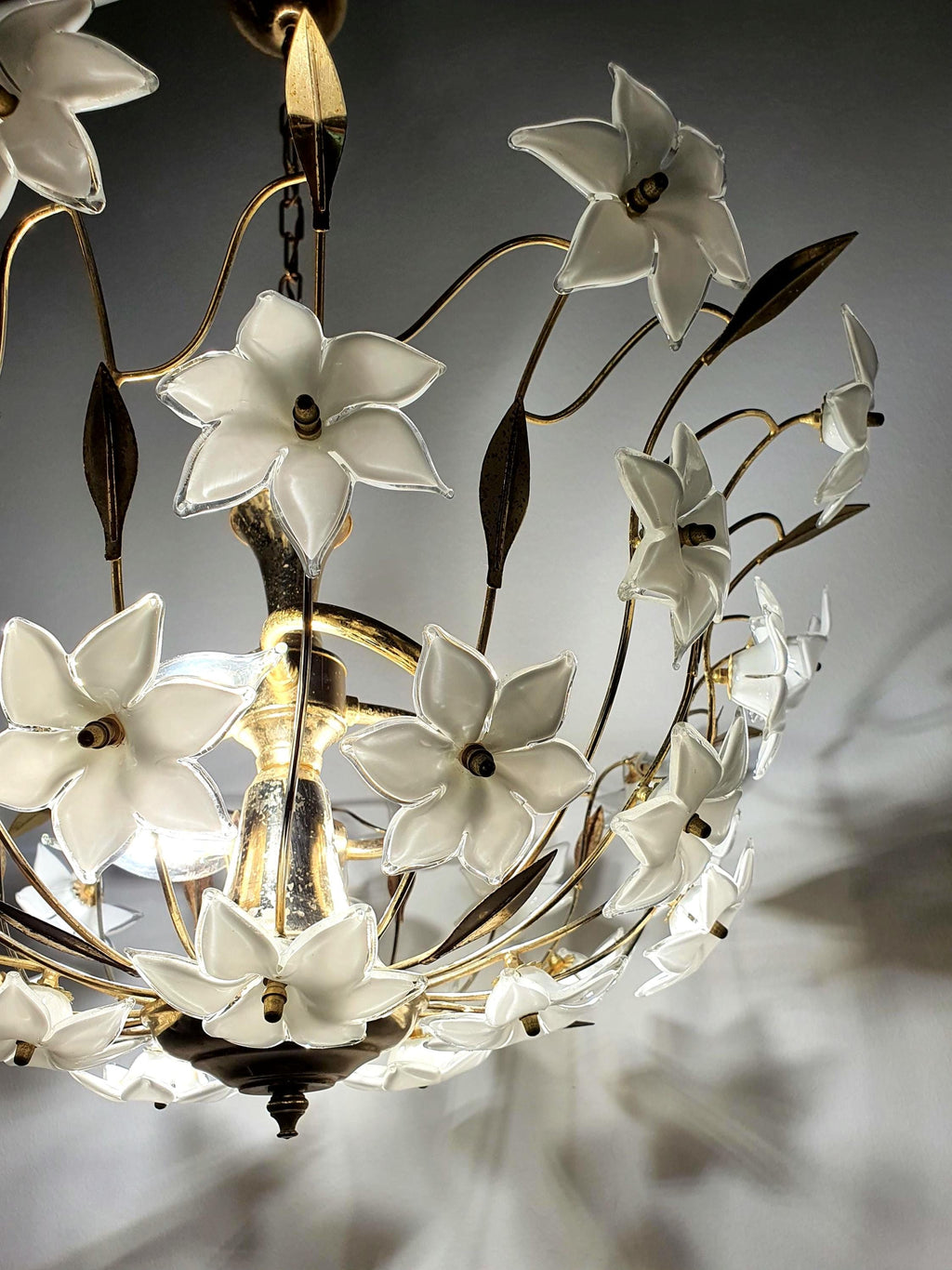 Vintage 1980s Murano glass floral chandelier, white semi-translucent flower bowl, gold-tone frame, Hollywood Regency, Italy