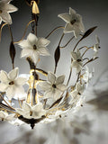 Vintage 1980s Murano glass floral chandelier, white semi-translucent flower bowl, gold-tone frame, Hollywood Regency, Italy