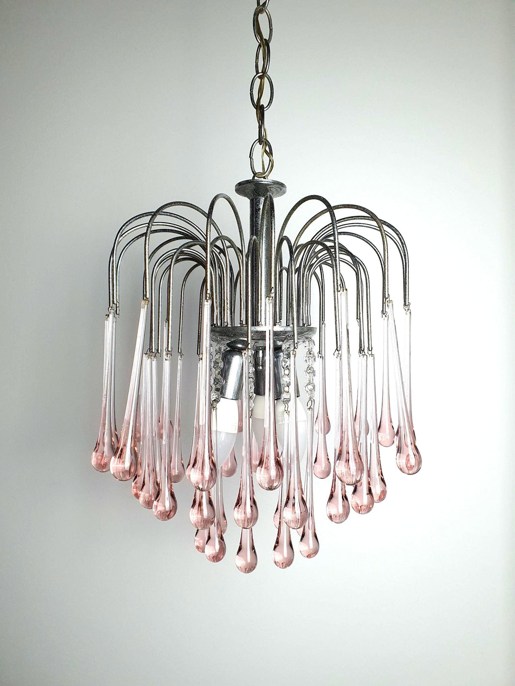 Vintage Murano glass pink teardrop chandelier with chrome base