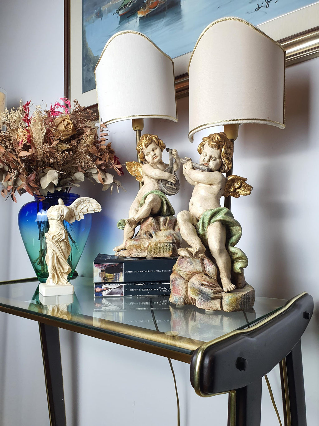 Hand-painted cherub musician detail, vintage Italian Florentine wooden angel table lamp, gold-toned accents