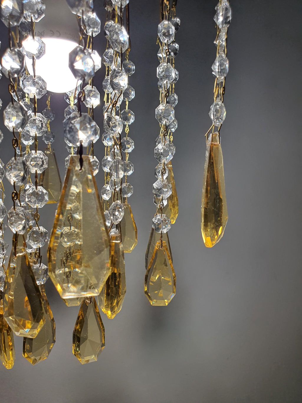 Small Vintage Honey Yellow Teardrop Chandelier | Hollywood Regency Gold Pendant Light