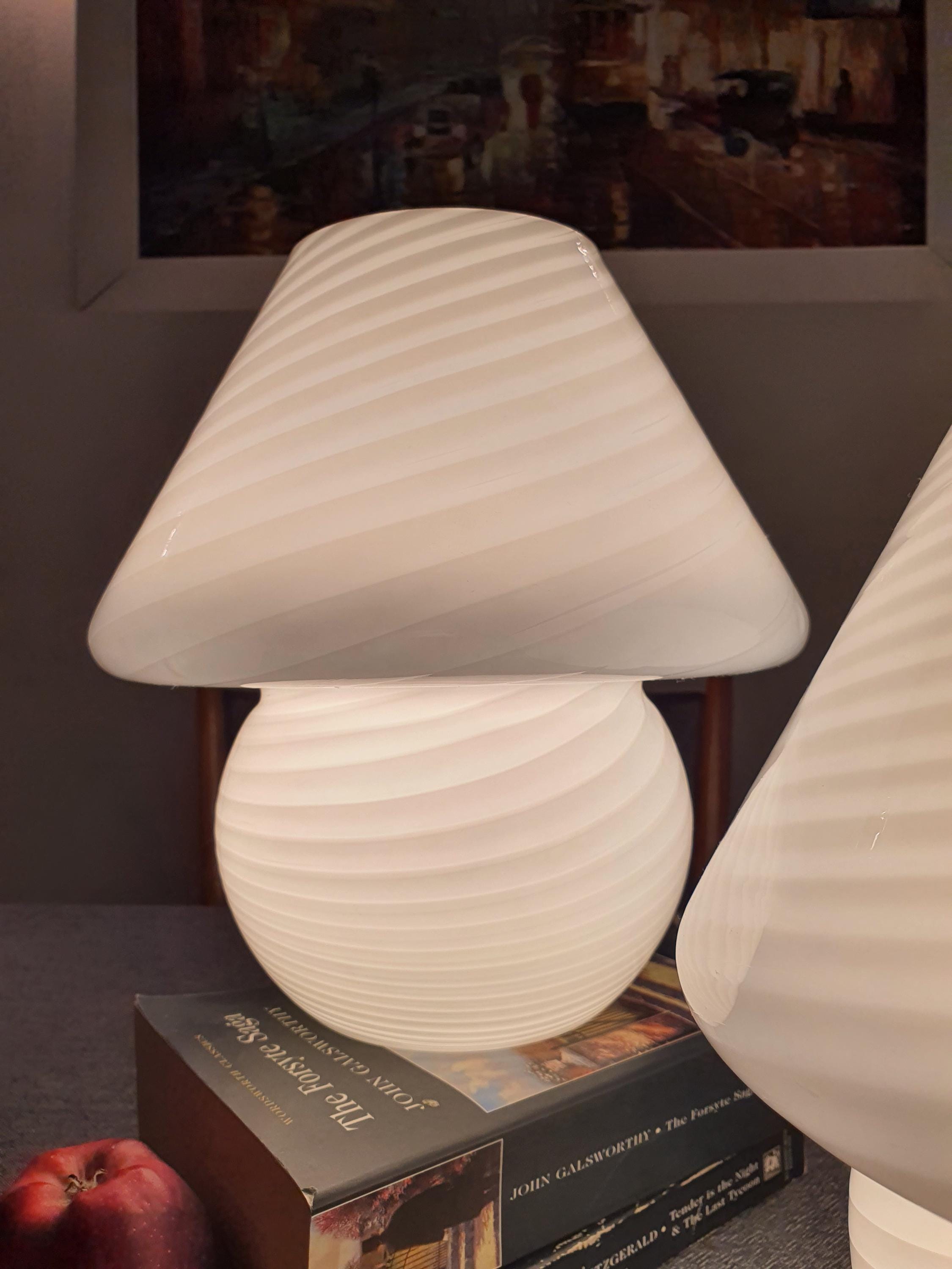 Pair of Vintage Murano Glass White Swirl Mushroom Bedside Lamps