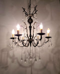 Vintage Italian brass 6-arm chandelier with cascading clear Murano glass teardrop pendants, Hollywood Regency Imperial, 1960s–1980s