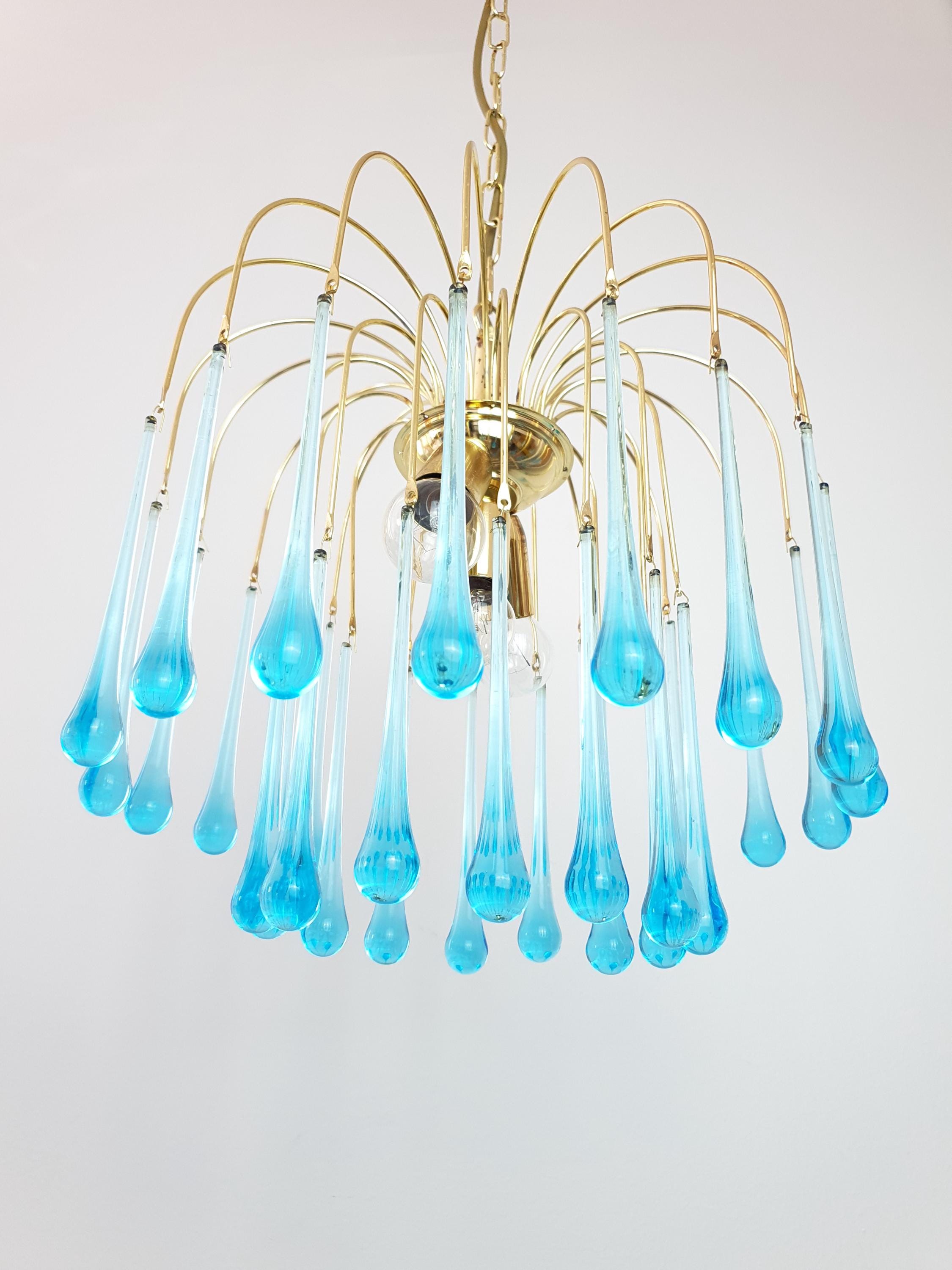 Murano Style Chandelier: Sky Blue Teardrops, Gold Cascade Light