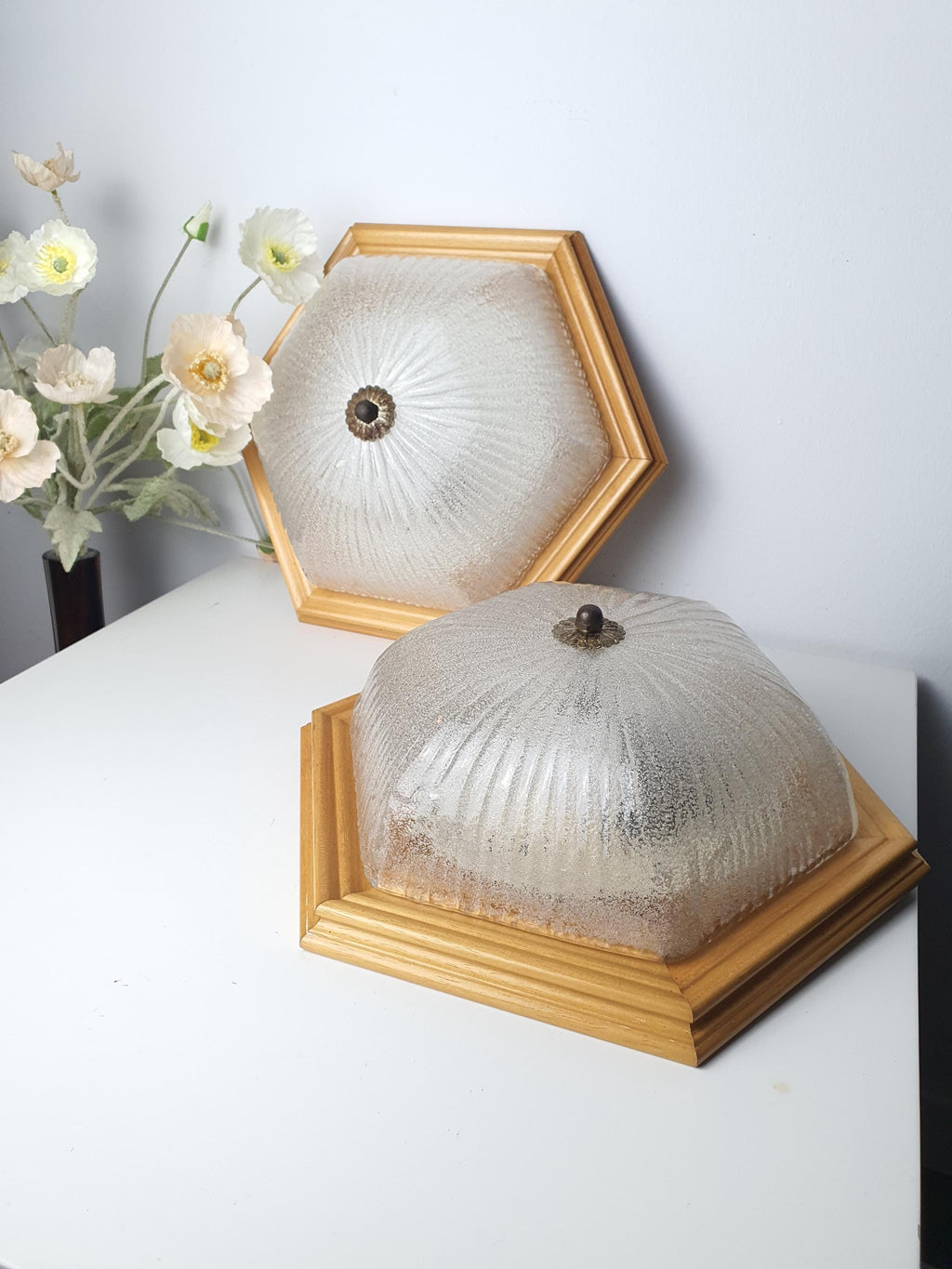 Pair of Vintage Frosted Glass Flush Mount Lights in Wooden Frame | MCM Venetian Design