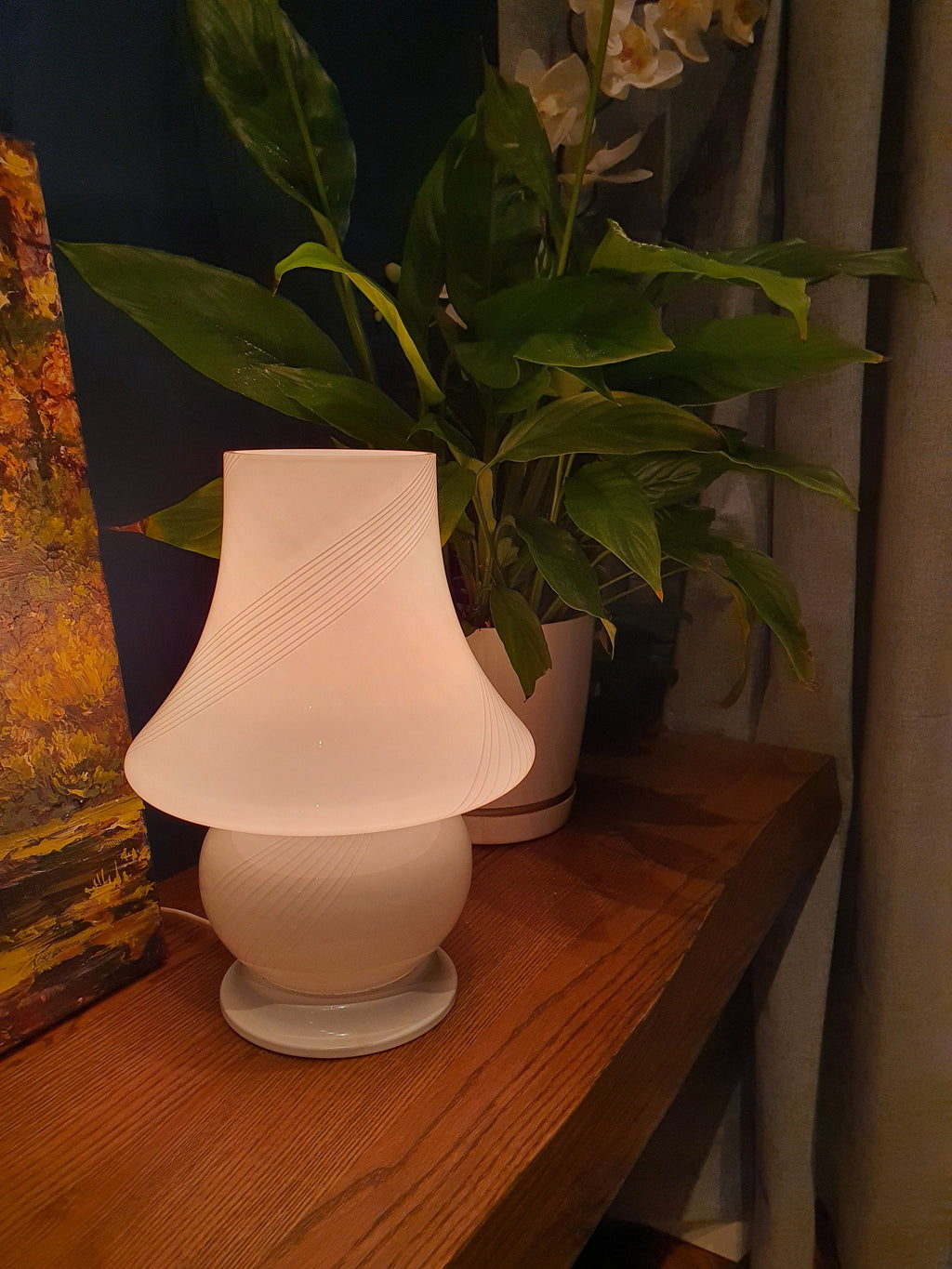 Vintage Murano Glass Mushroom Lamp: White Swirl MCM Bedside Light