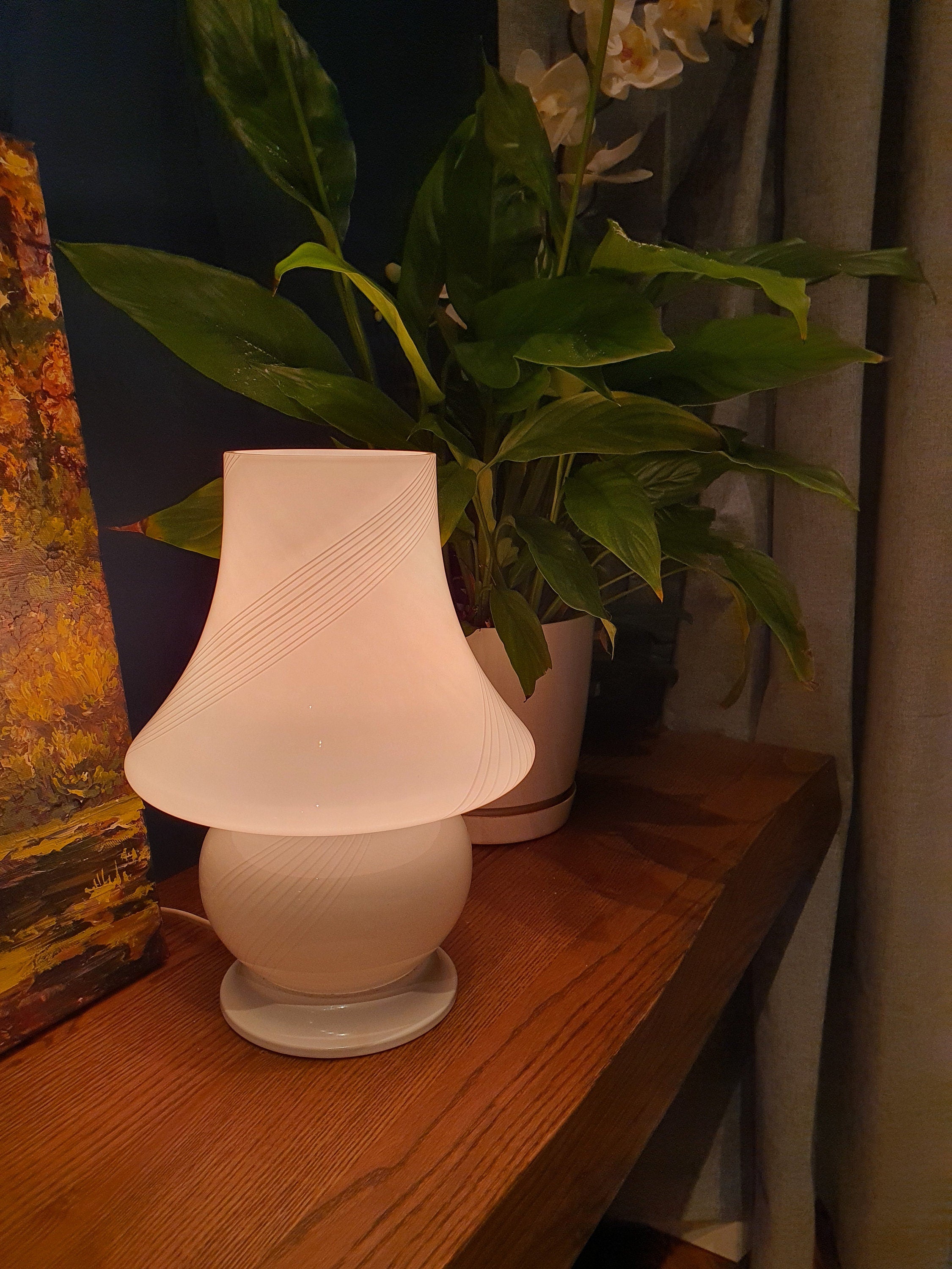Vintage Murano Glass Mushroom Lamp: White Swirl MCM Bedside Light