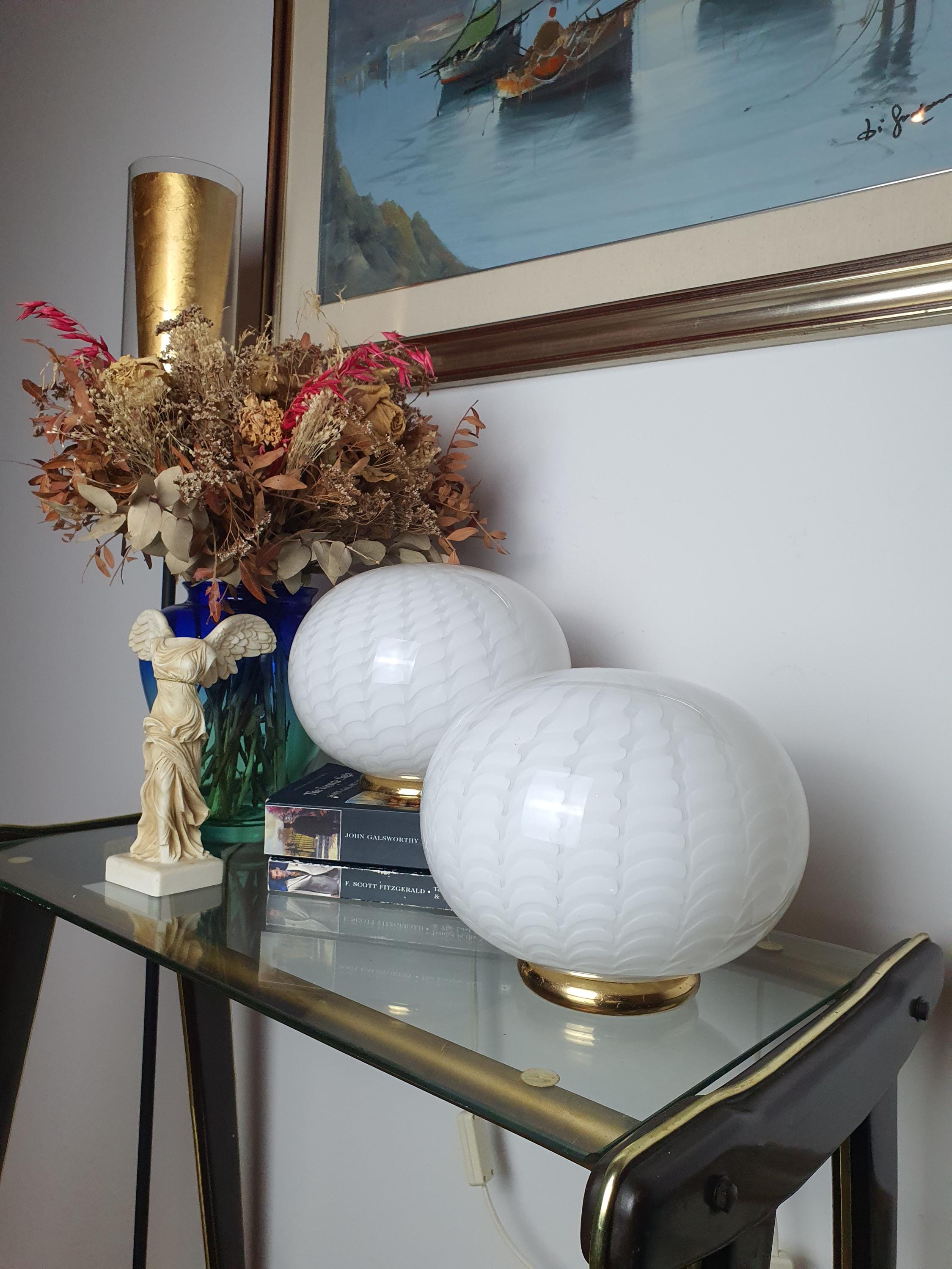 Murano Glass Table Lamps: Vintage White Wave Globe, Italian MCM Design
