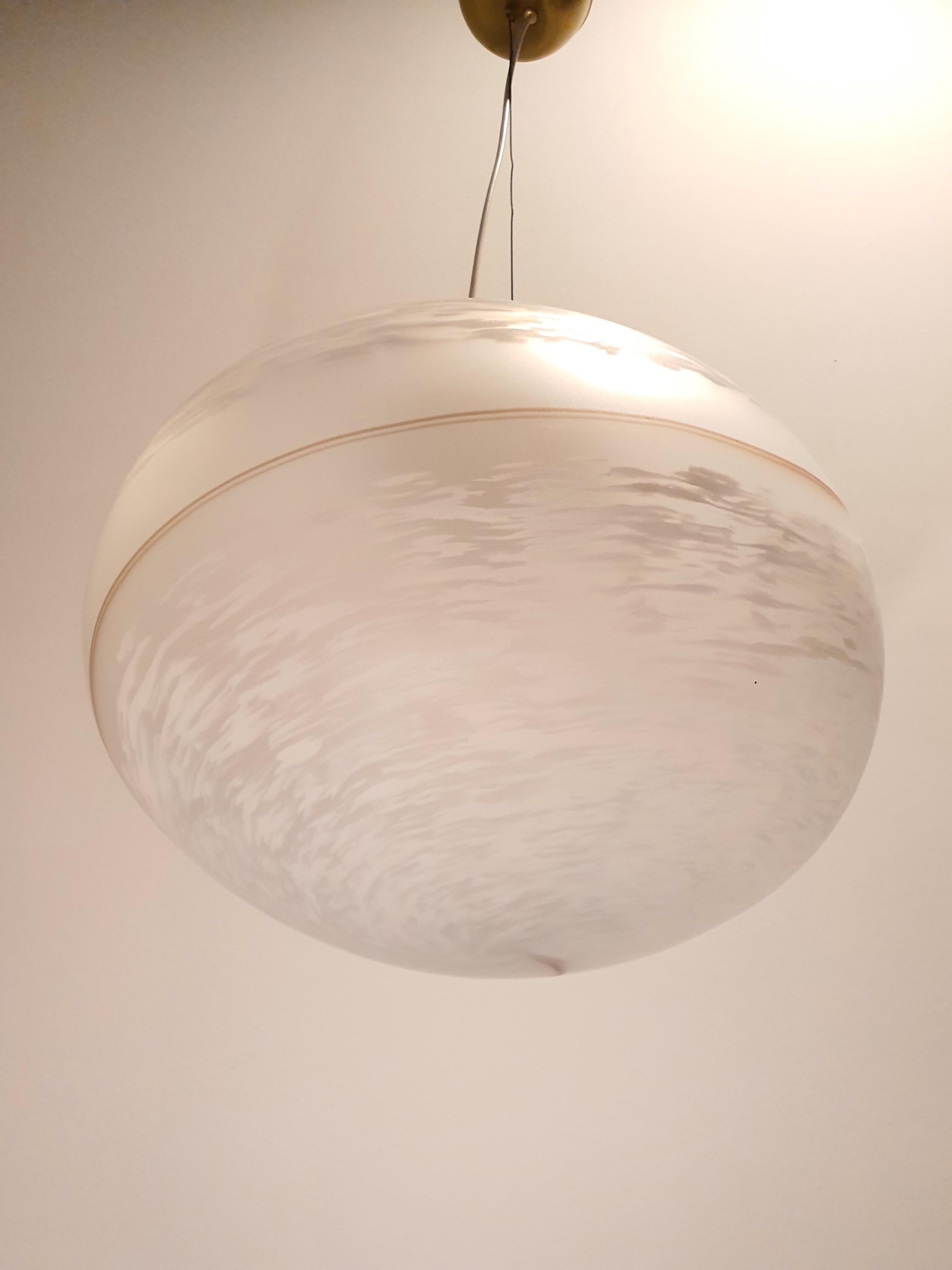 Murano Glass Pendant Light: Retro White Swirl Globe, Mid-Century Scandinavian Lamp
