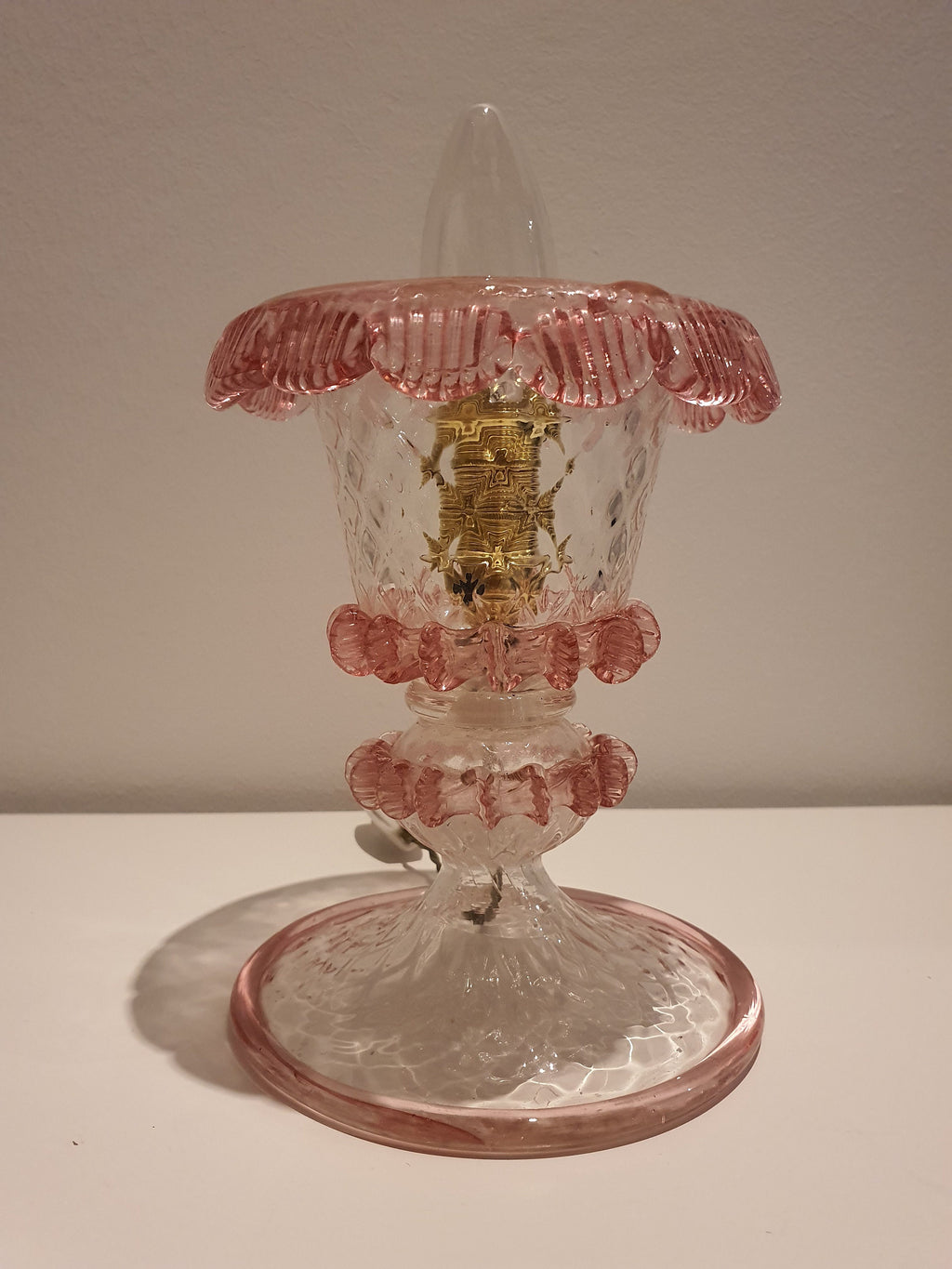 Vintage Murano Glass Tulip Table Lamp – 1970s Pink Floral Bedside Light