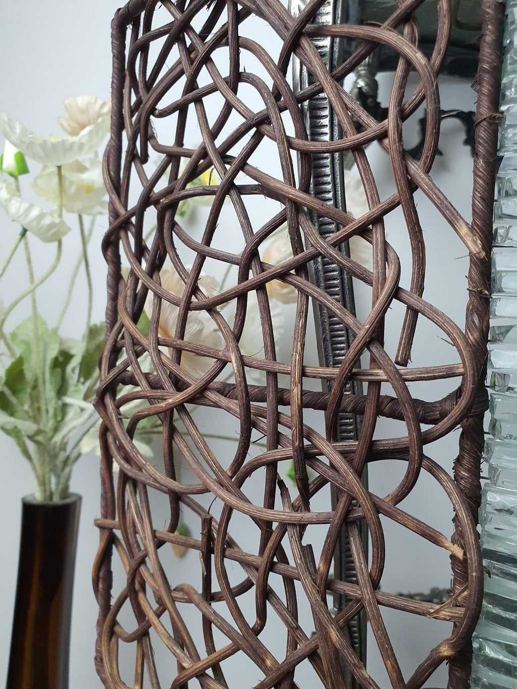 Pair of Large Mosaic Bottle Glass & Rattan Wall Sconces | Handcrafted Vintage Lighting