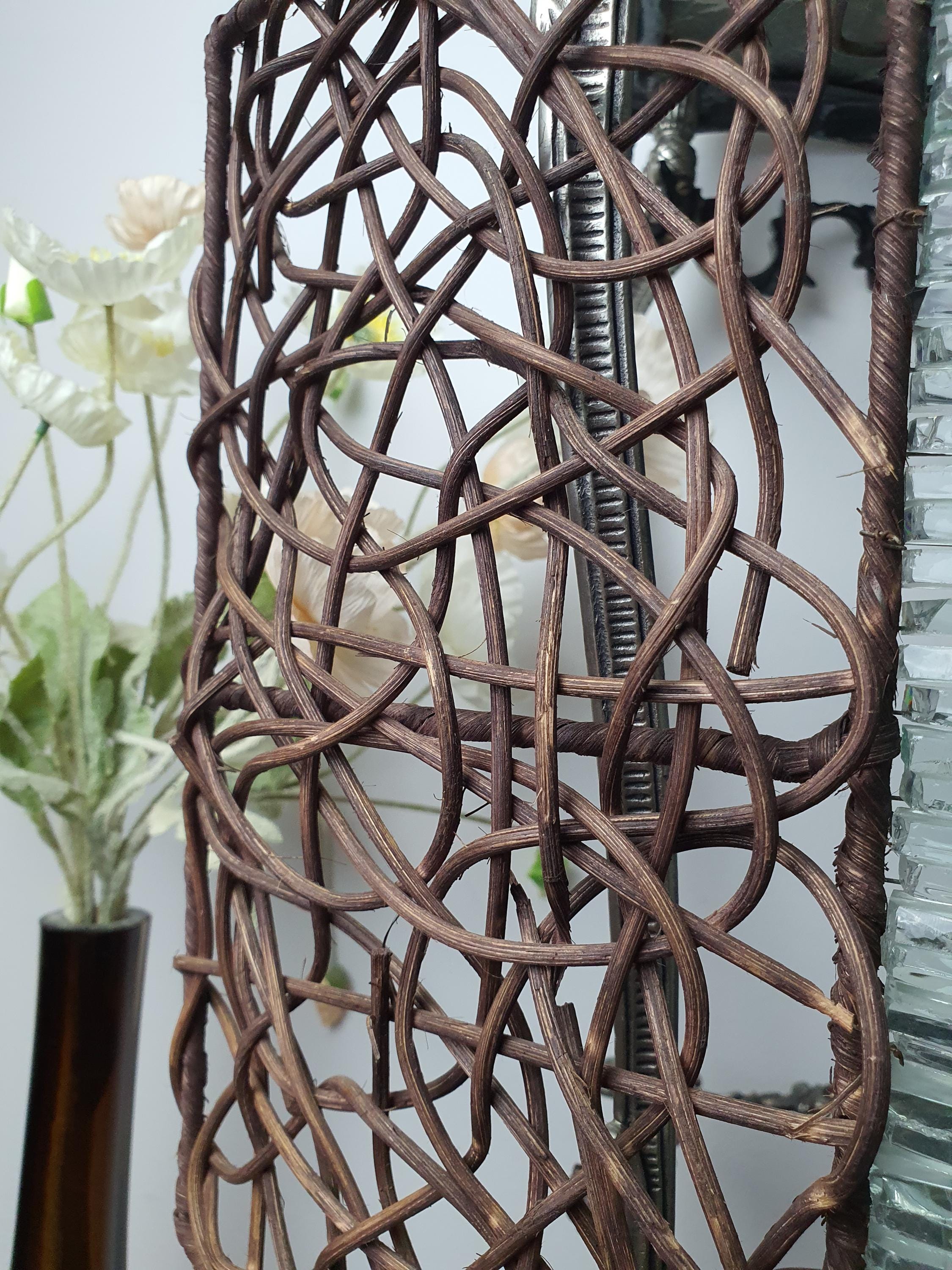 Pair of Large Mosaic Bottle Glass & Rattan Wall Sconces | Handcrafted Vintage Lighting
