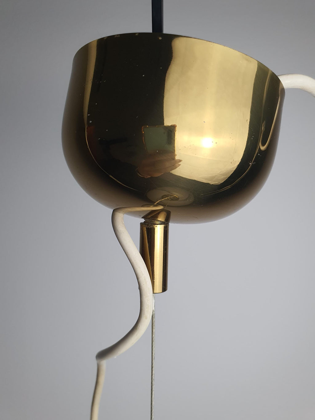 Vintage Murano white swirl glass globe pendant unlit, full 48×30cm globe silhouette, white swirl within glass, golden base