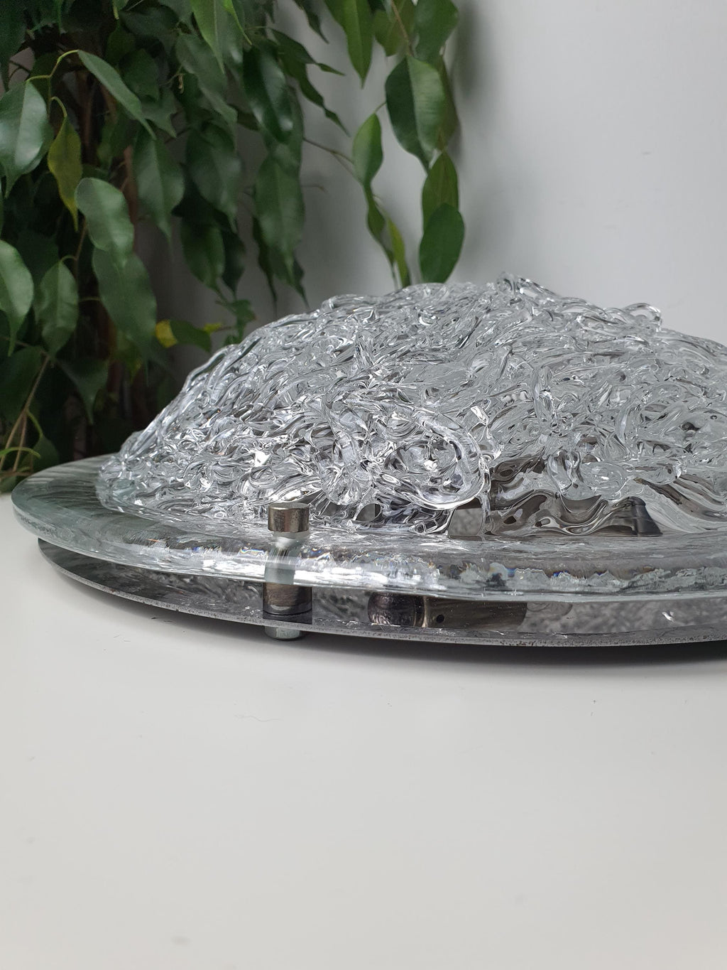 Vintage Clear Murano Glass Flush Mount Light | Chrome Base | Italian Mid-Century Fixture