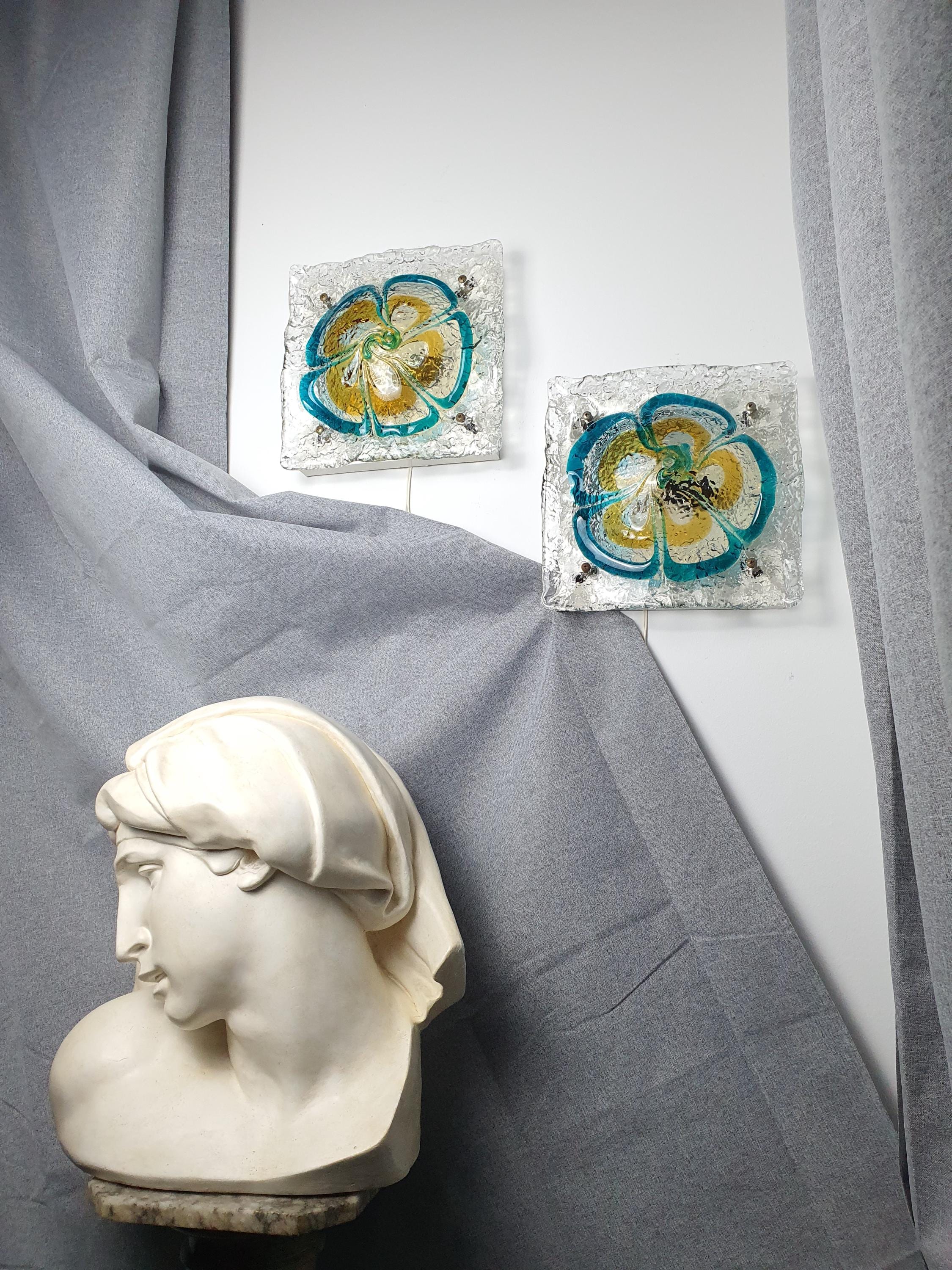 Turquoise and caramel Murano glass petal texture detail, vintage Mazzega floral sconce, Toni Zuccheri circle, 1970s