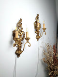 Pair of vintage Florentine carved wood wall sconces with an aged gold finish
