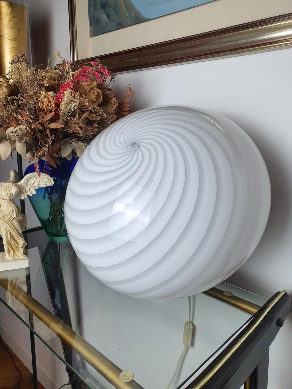 Vintage Murano Glass Swirl Lamp: MCM Flush Mount Ceiling/Table Light