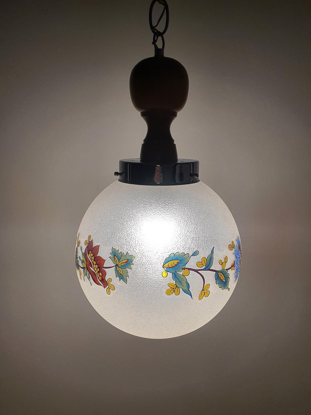 1950s Italian Vintage Globe Pendant Light Frosted Glass Floral Wooden Chrome Base