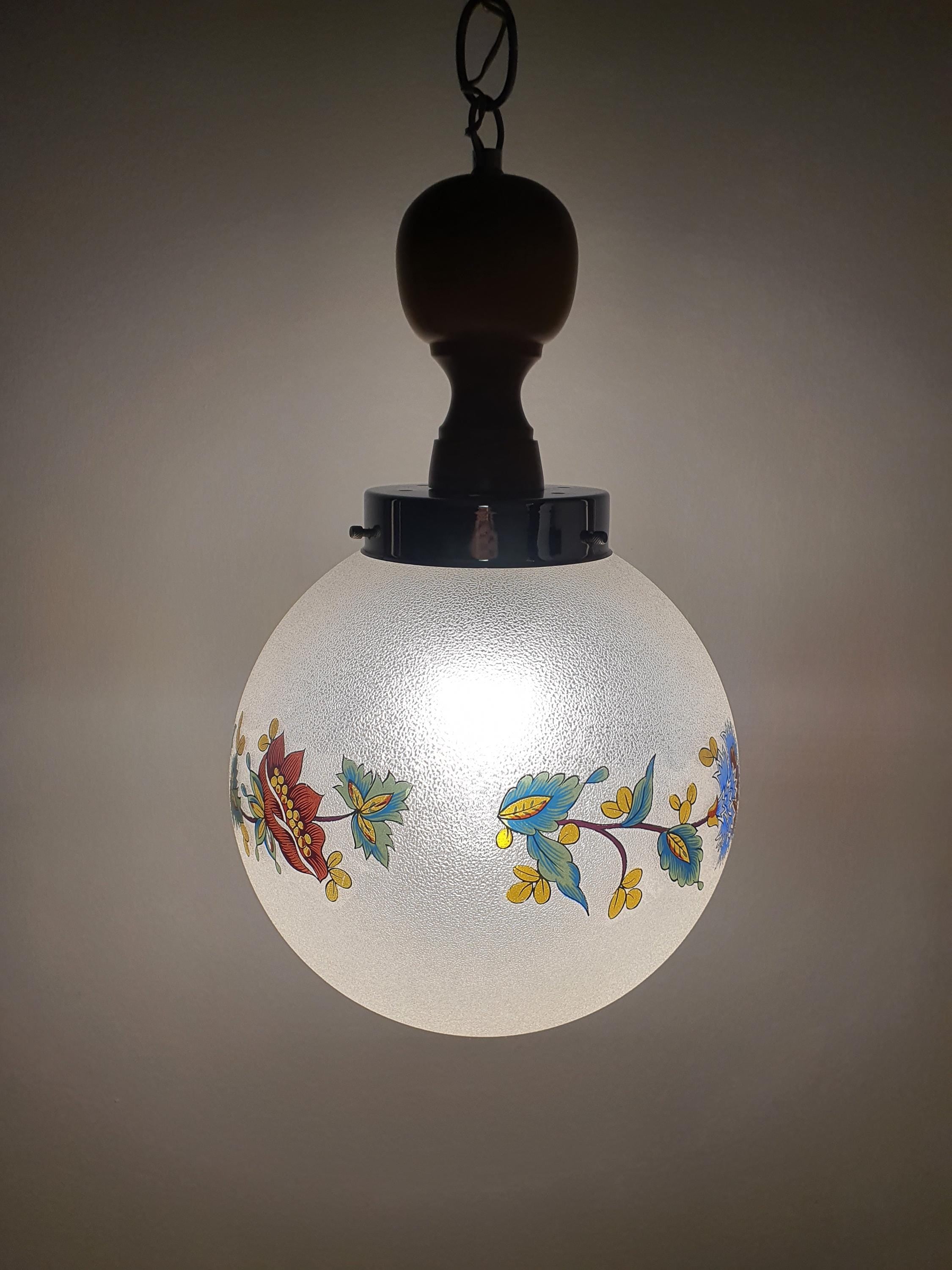 1950s Italian Vintage Globe Pendant Light Frosted Glass Floral Wooden Chrome Base