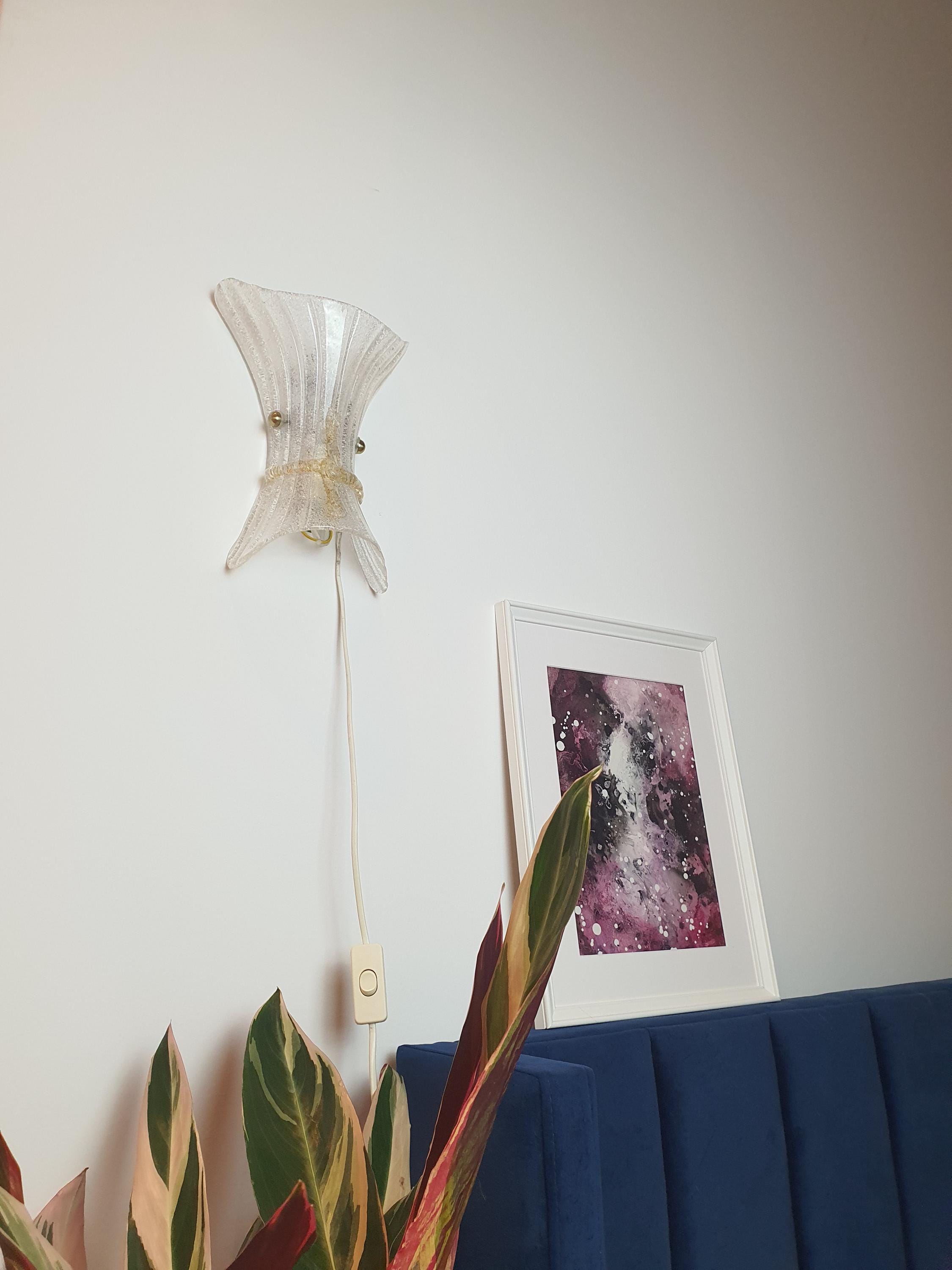 Vintage Murano Frosted Glass Wall Sconce: Venetian Shell Light with Yellow Bow