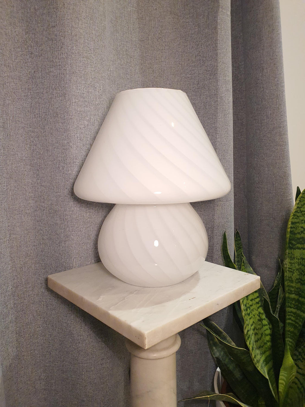 Vintage Murano Glass Mushroom Lamp: White Swirl, MCM Bedside Light