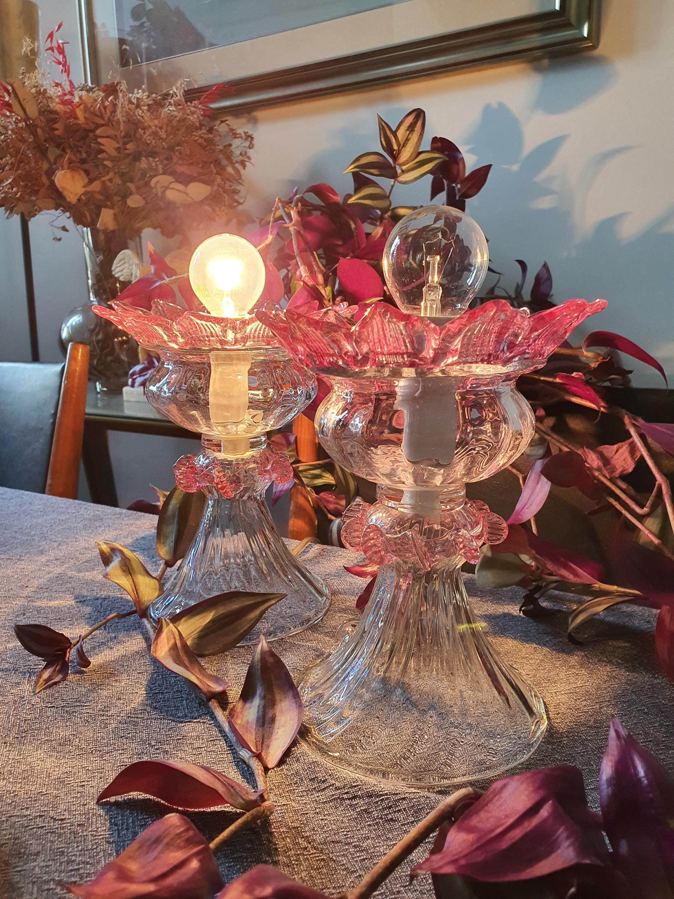 Pink Art Deco Murano Glass Tulip Bedside Lamps: MCM Retro Lighting