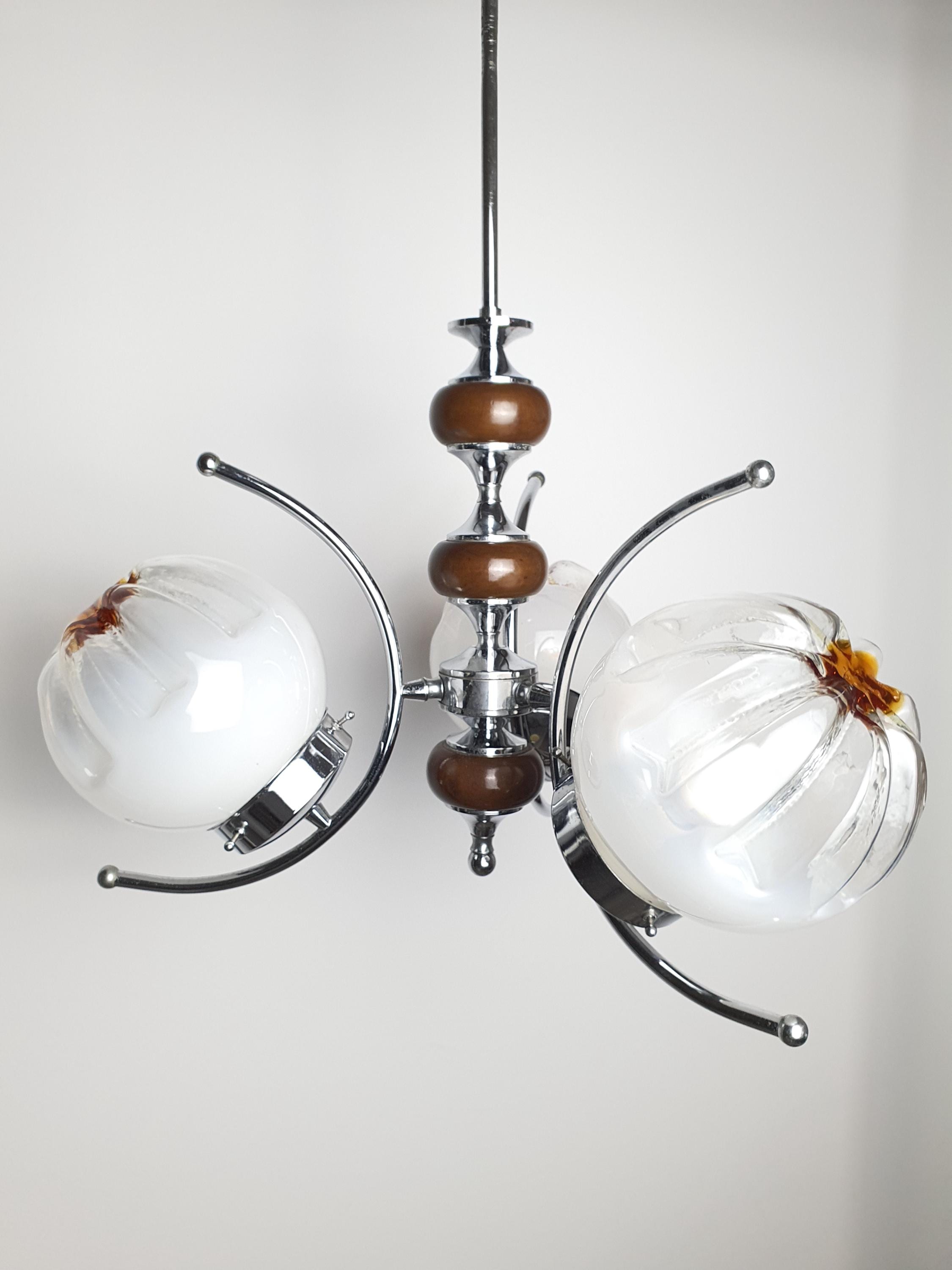 Vintage Murano Glass Chandelier | Mazzega Style | 3-Arm Globes | Chrome & Wooden Base