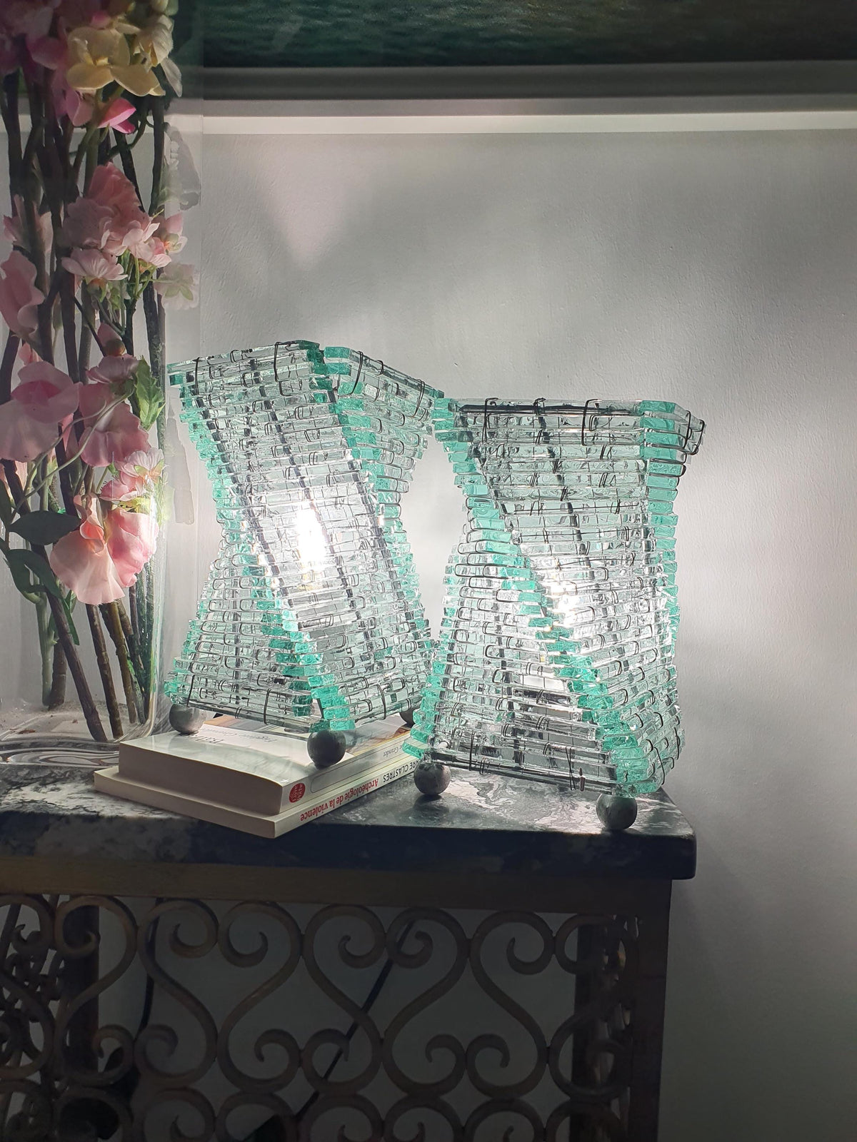 Pair of 1980s recycled glass mosaic lamps with eclectic sculptural design
