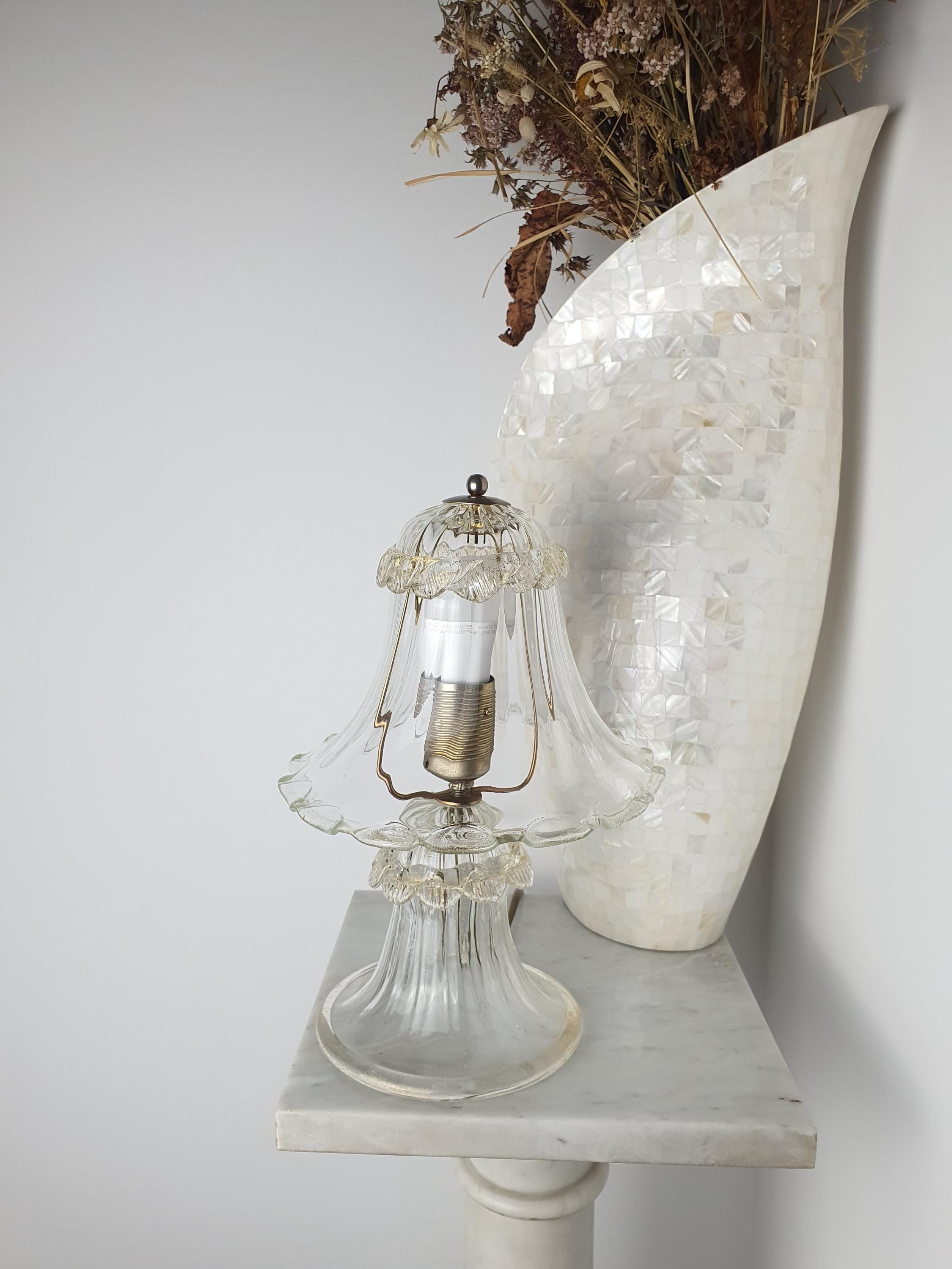 Floral Table Lamp in Vintage Murano Glass | Hand-blown Italian Tulip Light with Gold Powder