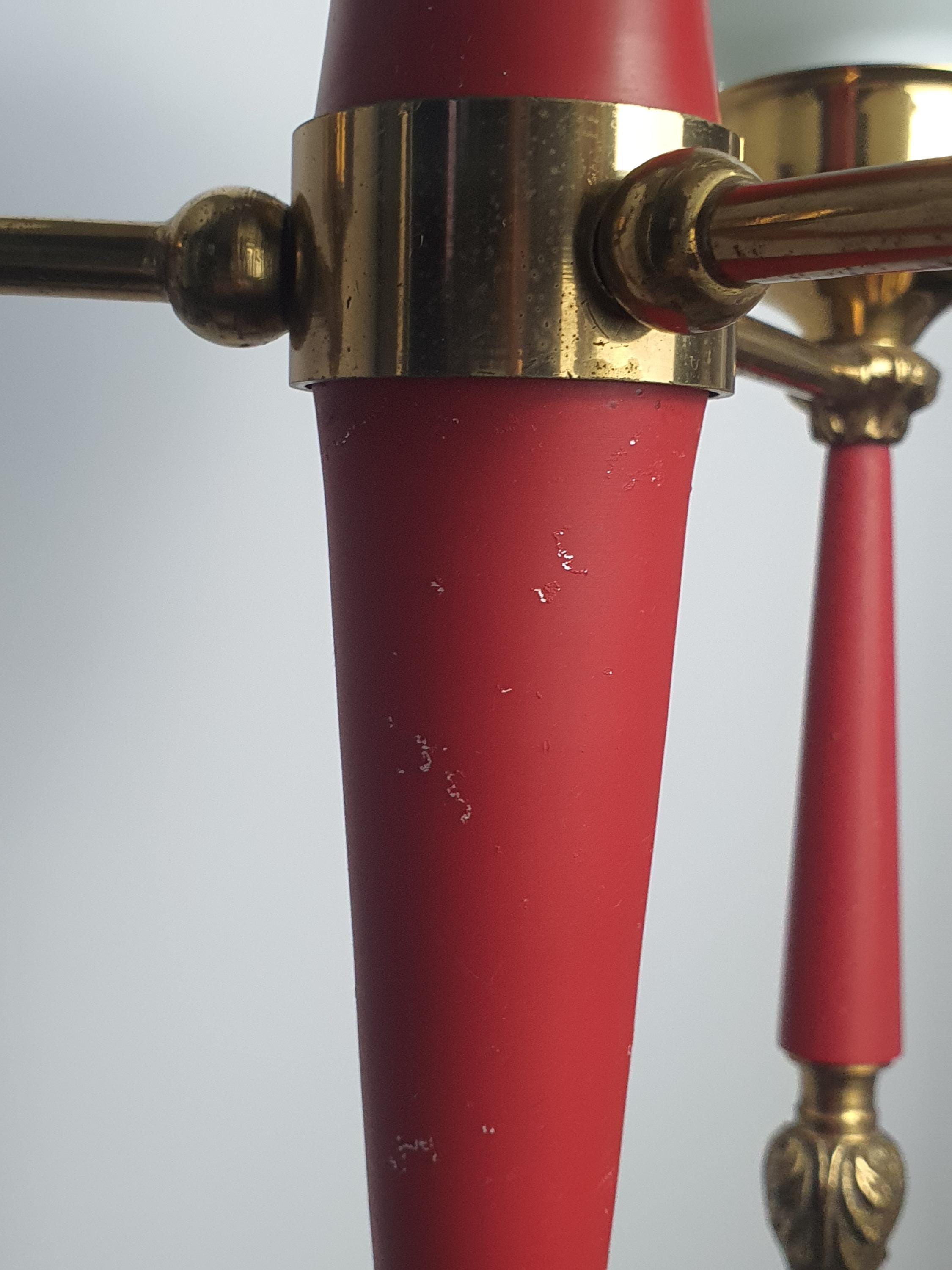 Vintage Italian chandelier — red, brass and white glass colour contrast detail