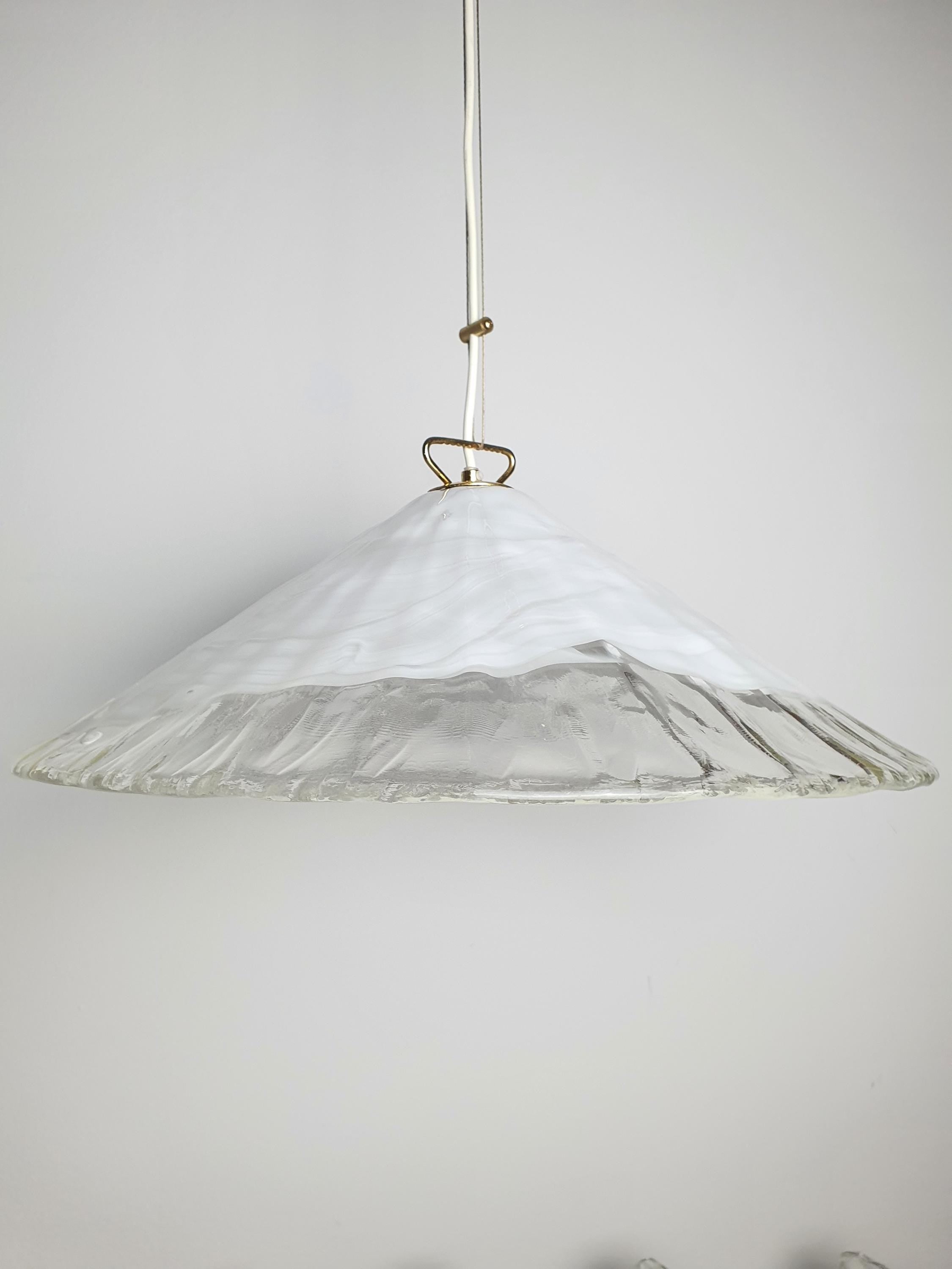 La Murrina White Wave Cone Pendant Light | Vintage Handcrafted Murano Glass | Italian Mid-Century Modern
