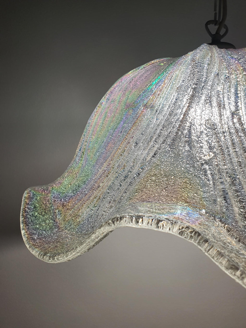 Ice-glass textured underside of vintage Murano glass Fazzoletto tulip pendant, soft diffused light, 1970s–1980s