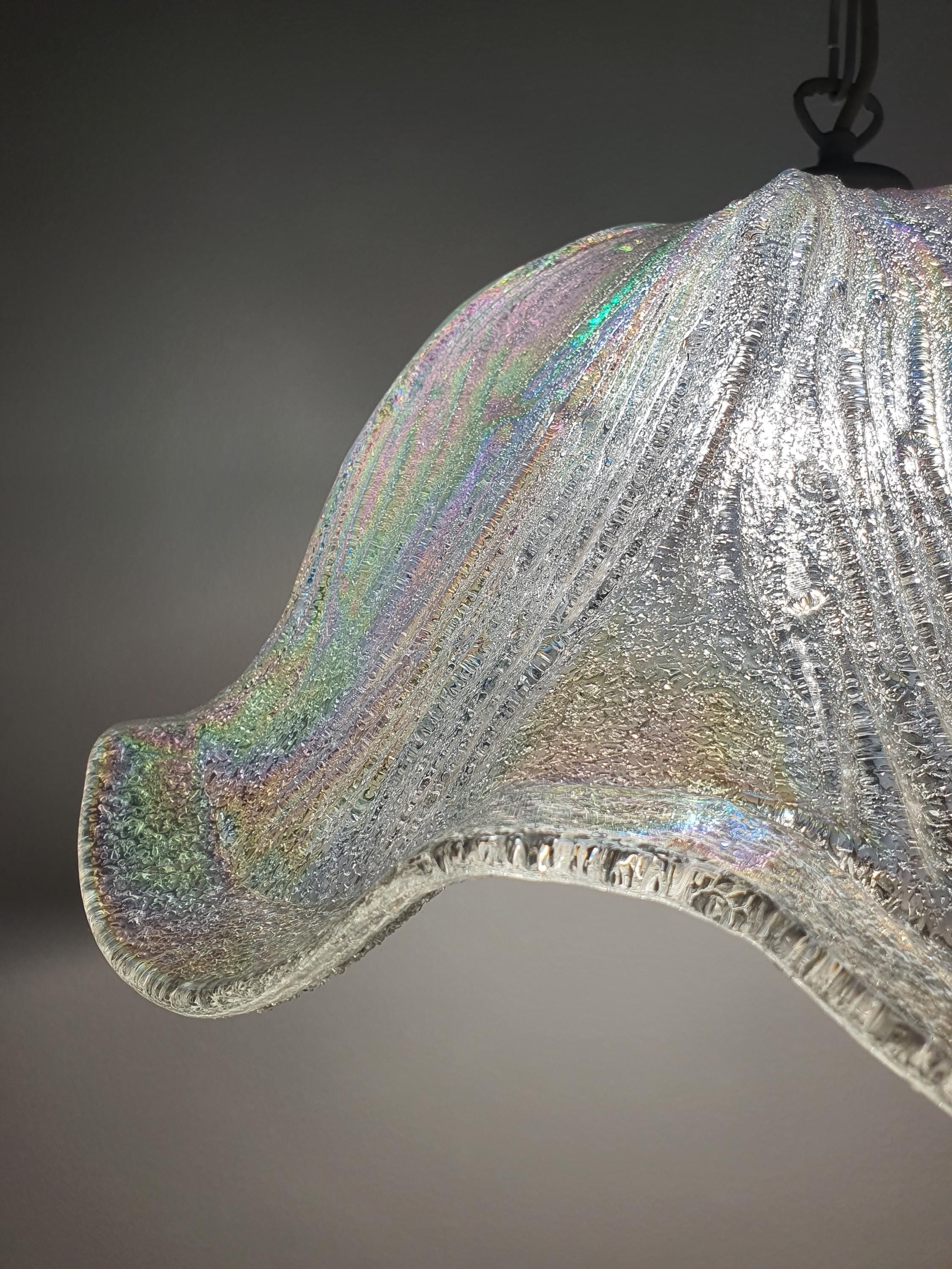 Ice-glass textured underside of vintage Murano glass Fazzoletto tulip pendant, soft diffused light, 1970s–1980s