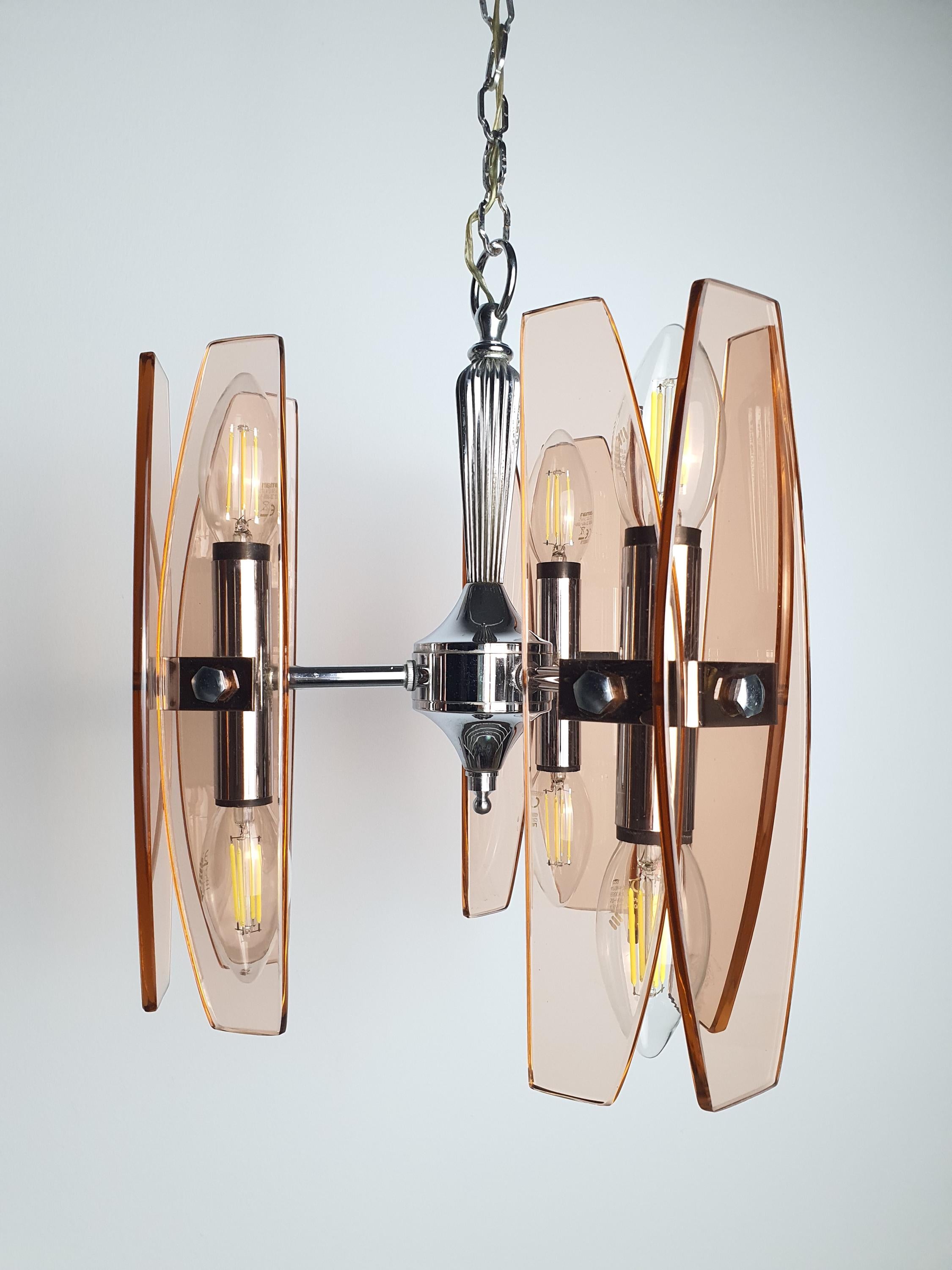 Italian Space Age chandelier by Veca — compact size, side profile showing 3-arm structure